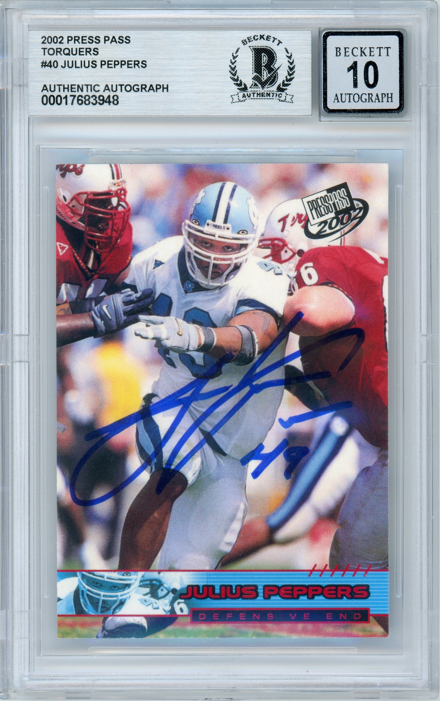 2002 Press Pass Torquers #40 Julius Peppers RC Panthers BGS Auto 10