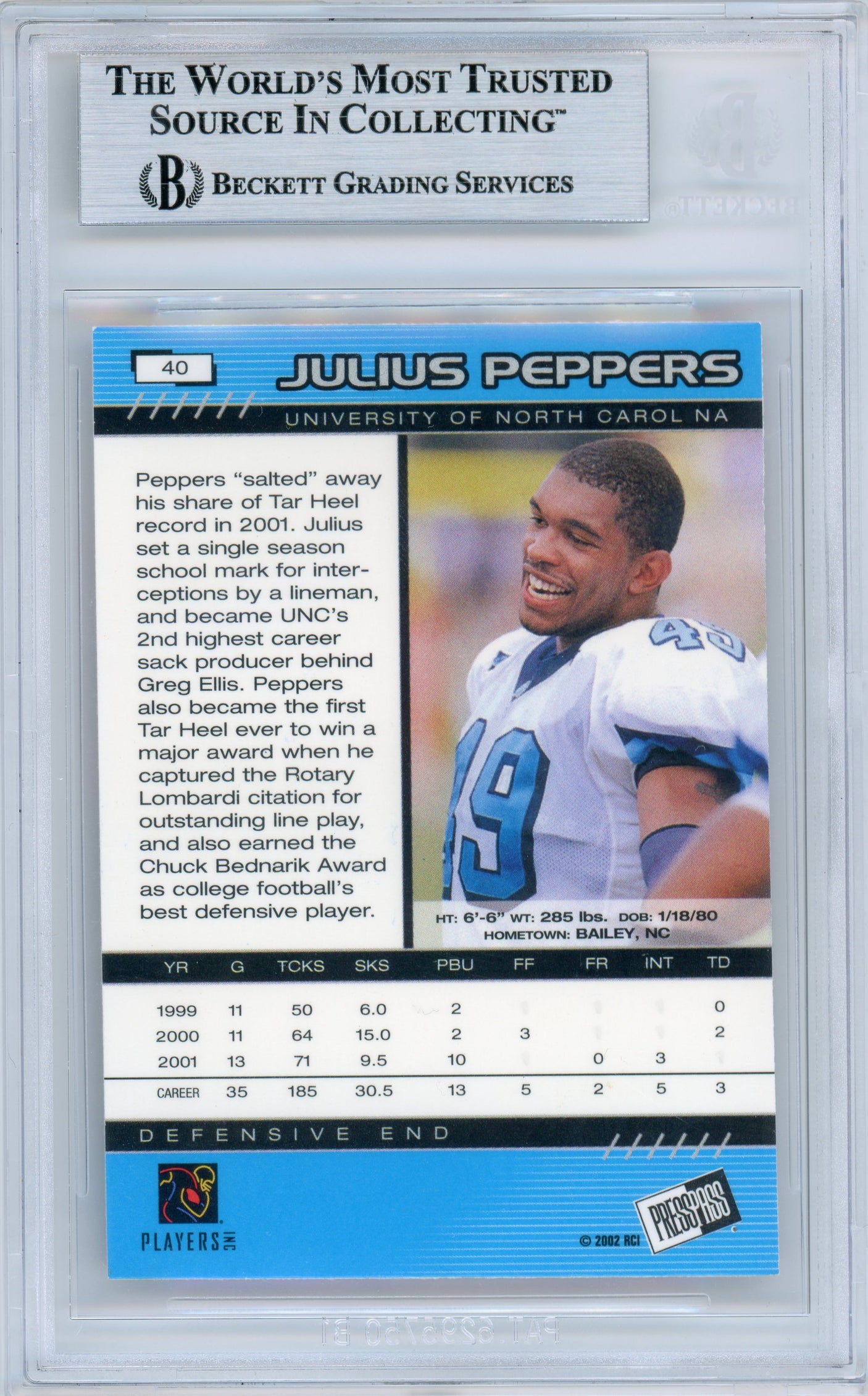 2002 Press Pass #40 Julius Peppers RC Panthers BGS Autograph