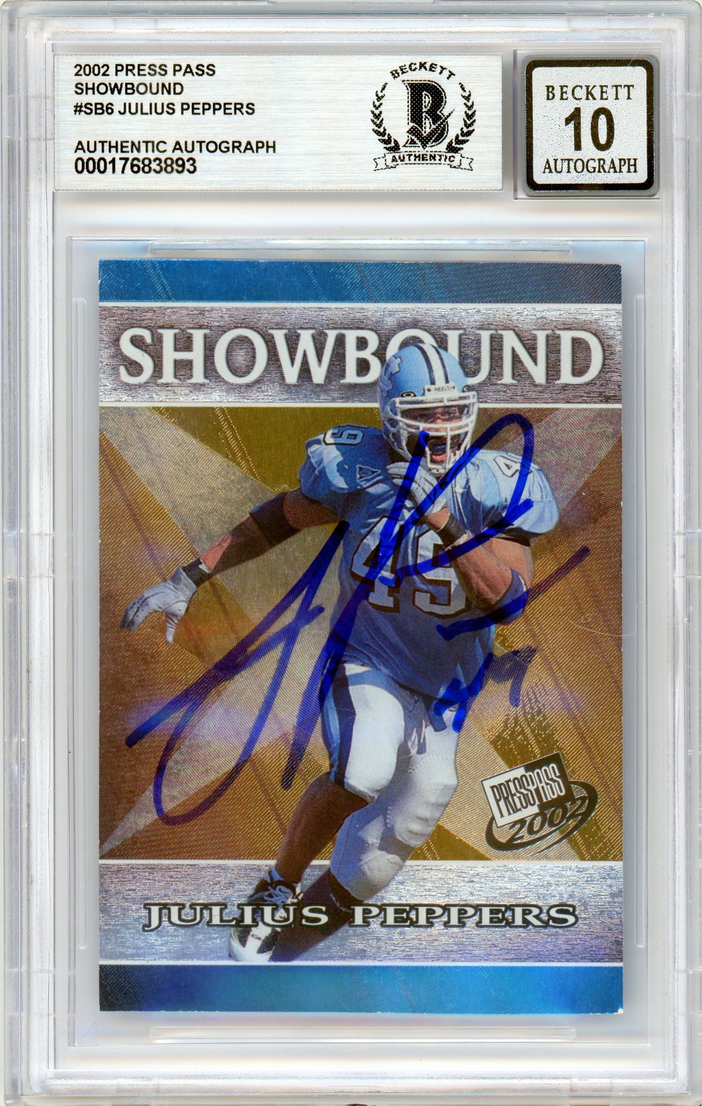 2002 Press Pass Showbound #SB6 Julius Peppers RC Panthers BGS Autograph 10