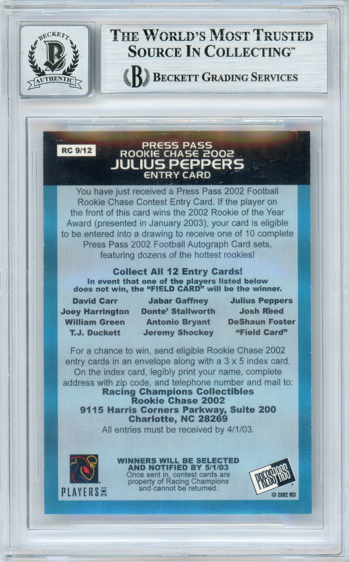 2002 Press Pass Rookie Chase #RC9 Julius Peppers RC Panthers BGS Autograph 10