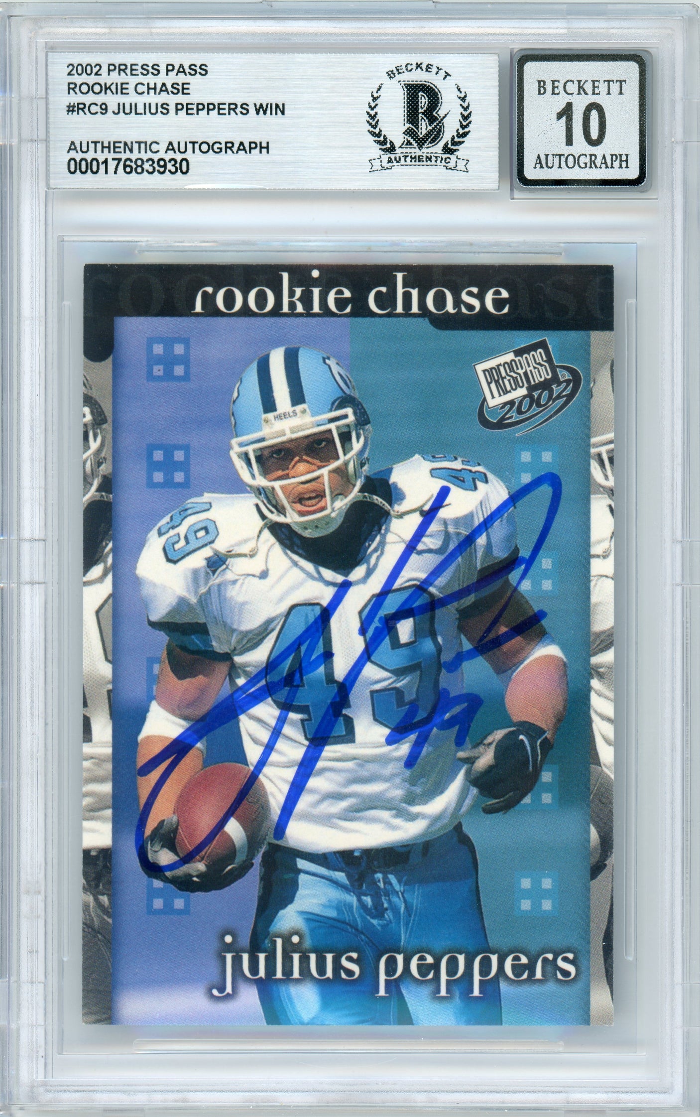 2002 Press Pass Rookie Chase #RC9 Julius Peppers RC Panthers BGS Autograph 10