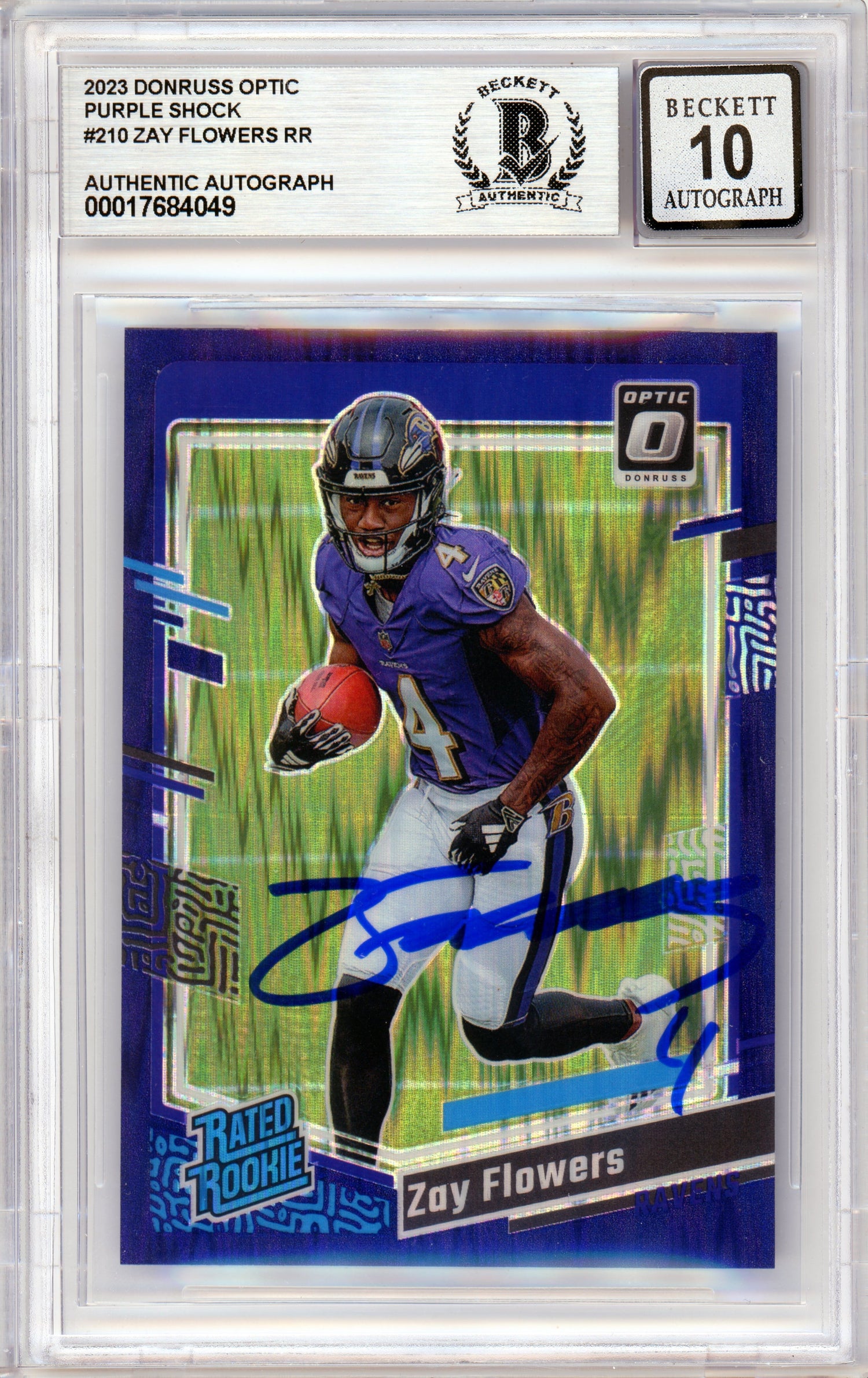 2023 Donruss Optic Rated Rookie Purple Shock #210 Zay Flowers RC BGS Auto 10