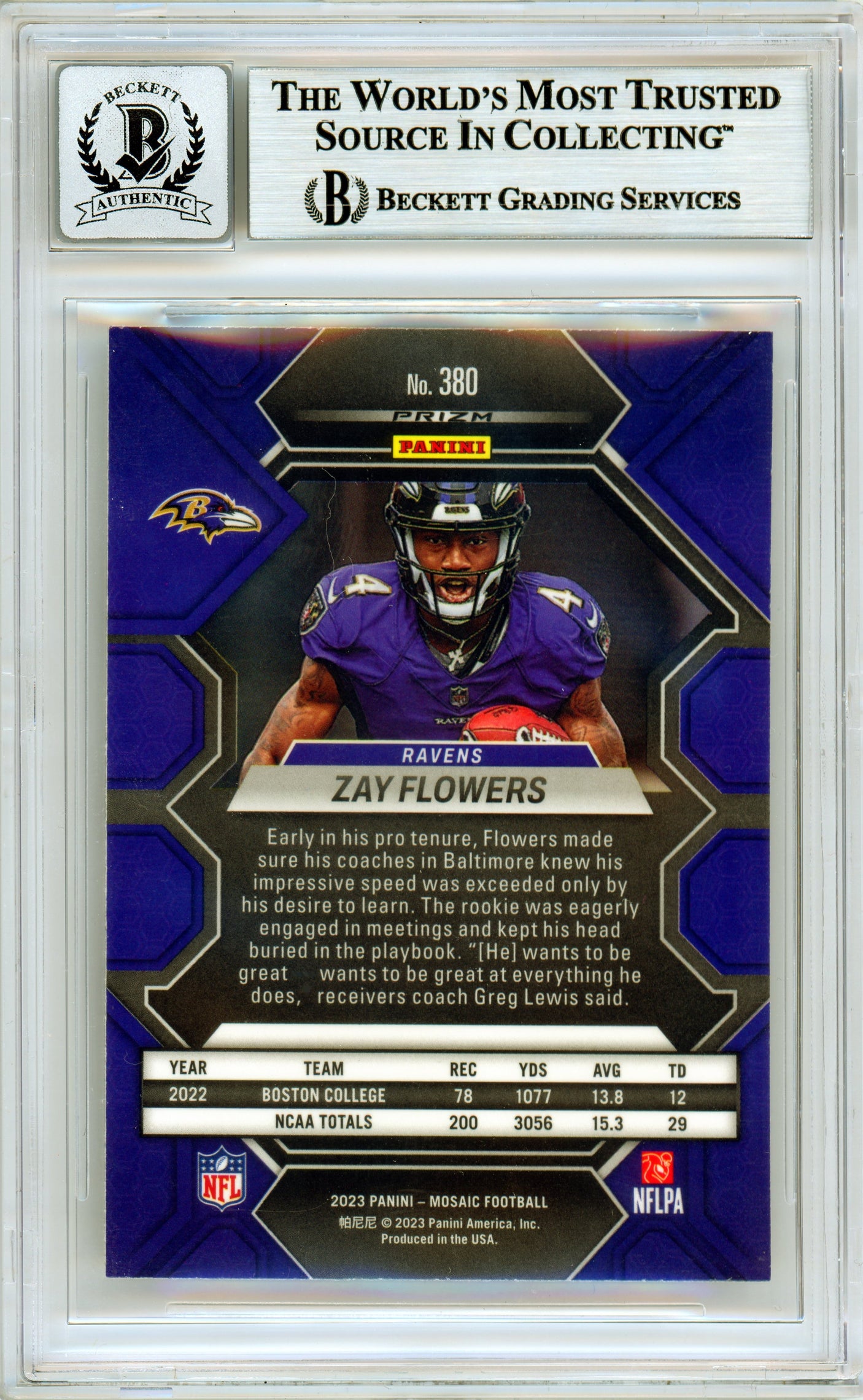 2023 Panini Mosaic #380 Zay Flowers RC Ravens BGS Autograph 10