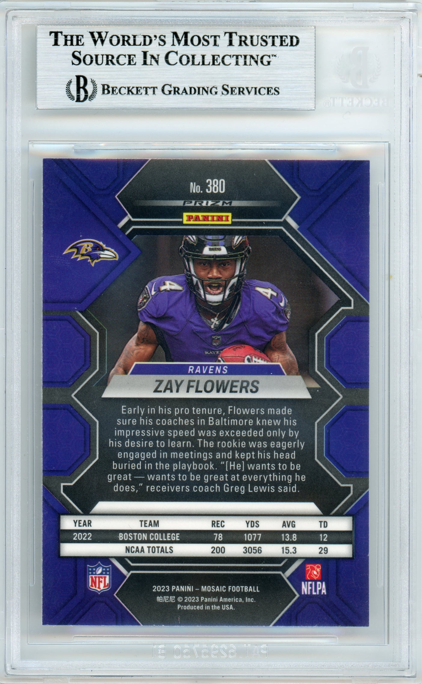 2023 Panini Mosaic #380 Zay Flowers RC Ravens BGS Autograph