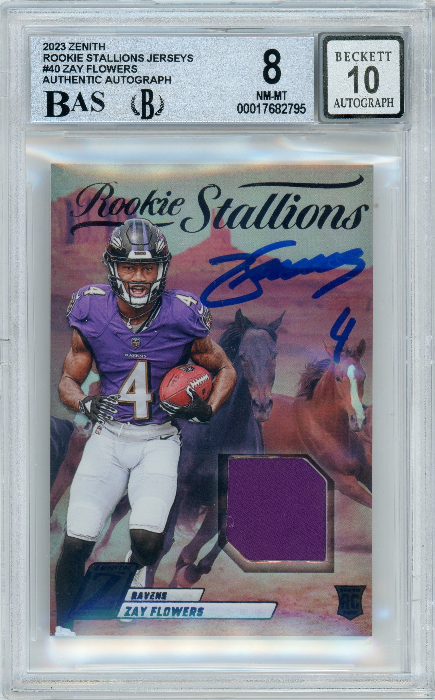 2023 Zenith Rookie Stallions Jerseys #40 Zay Flowers RC Ravens BGS 8 Auto 10