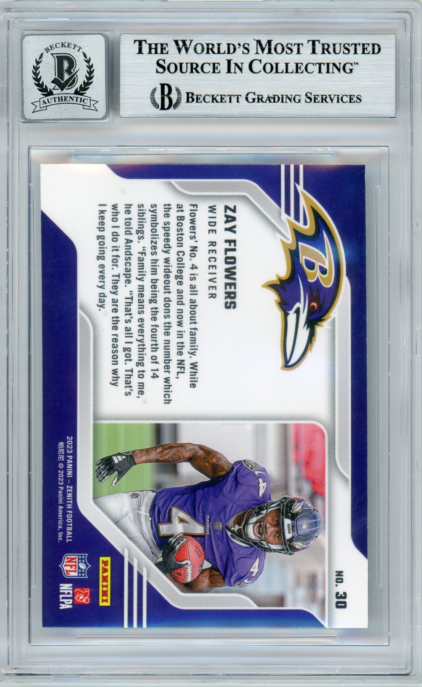 2023 Zenith Behind The Numbers #30 Zay Flowers RC Ravens BGS Autograph 10