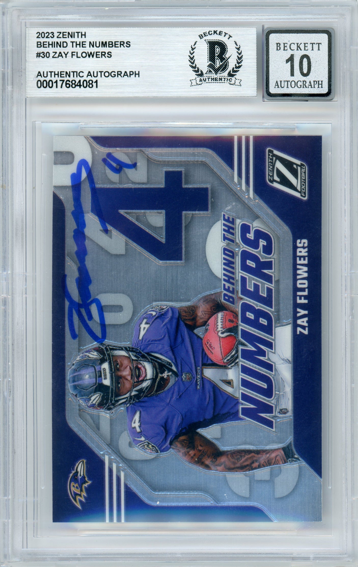 2023 Zenith Behind The Numbers #30 Zay Flowers RC Ravens BGS Autograph 10