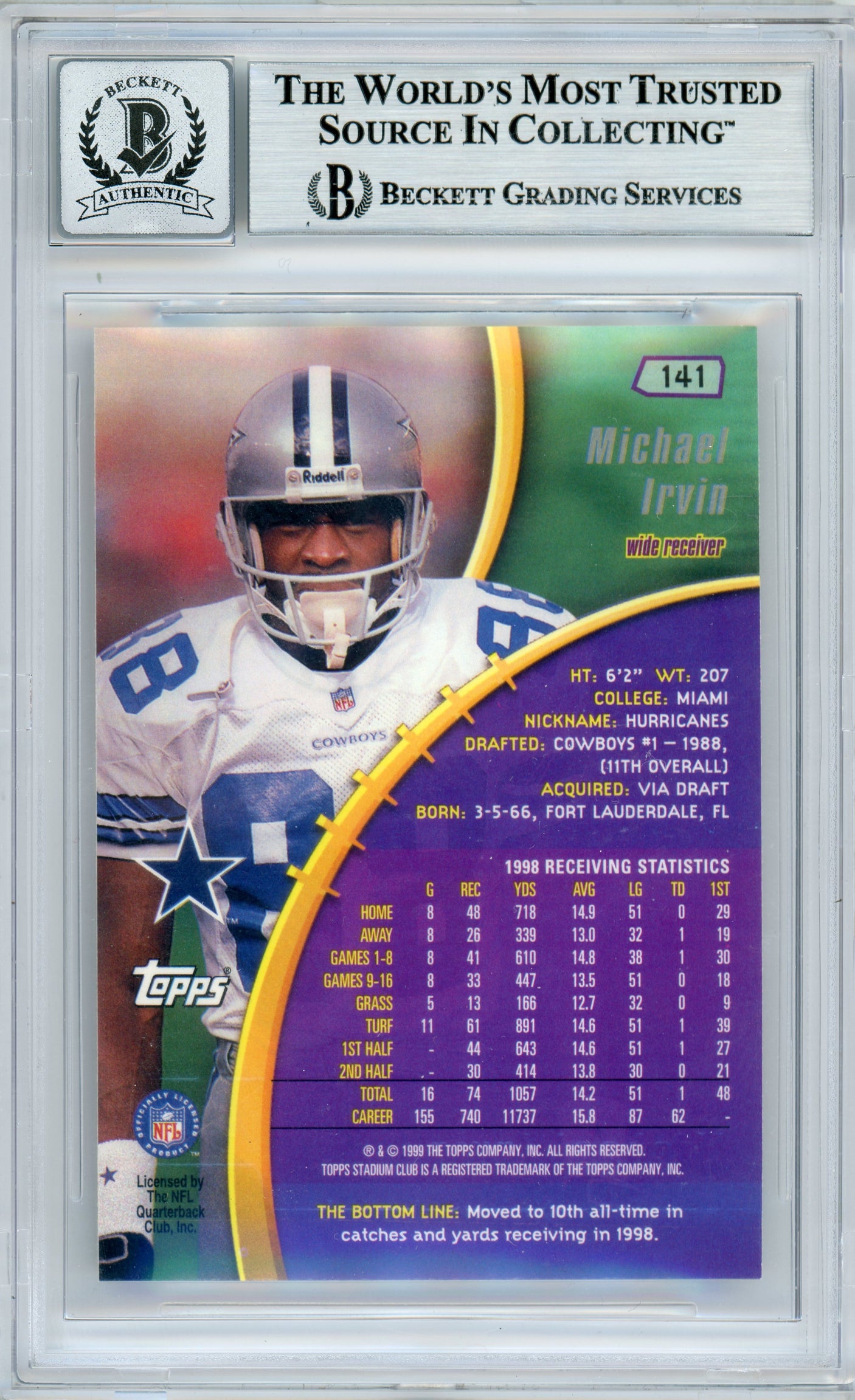 1999 Stadium Club #141 Michael Irvin Dallas Cowboys BGS Autograph 10