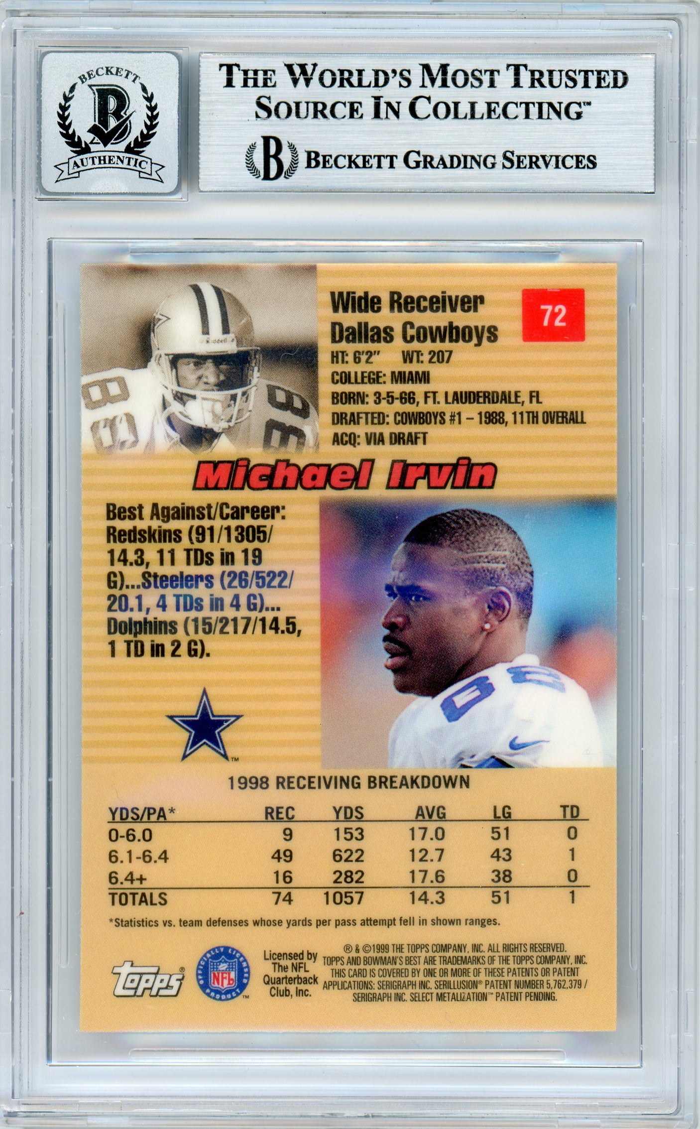 1999 Bowman's Best #72 Michael Irvin Dallas Cowboys BGS Autograph 10