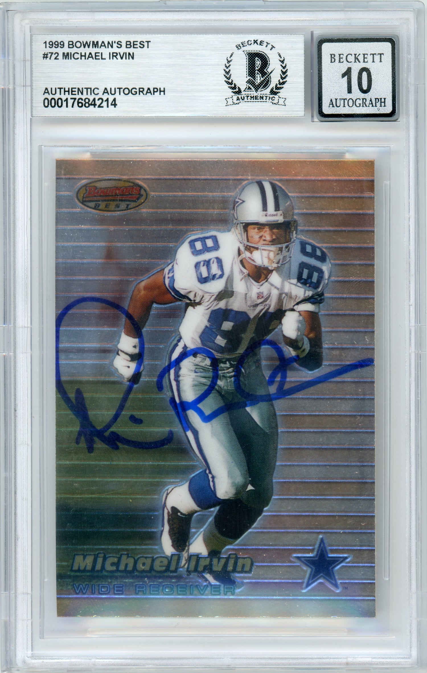 1999 Bowman's Best #72 Michael Irvin Dallas Cowboys BGS Autograph 10