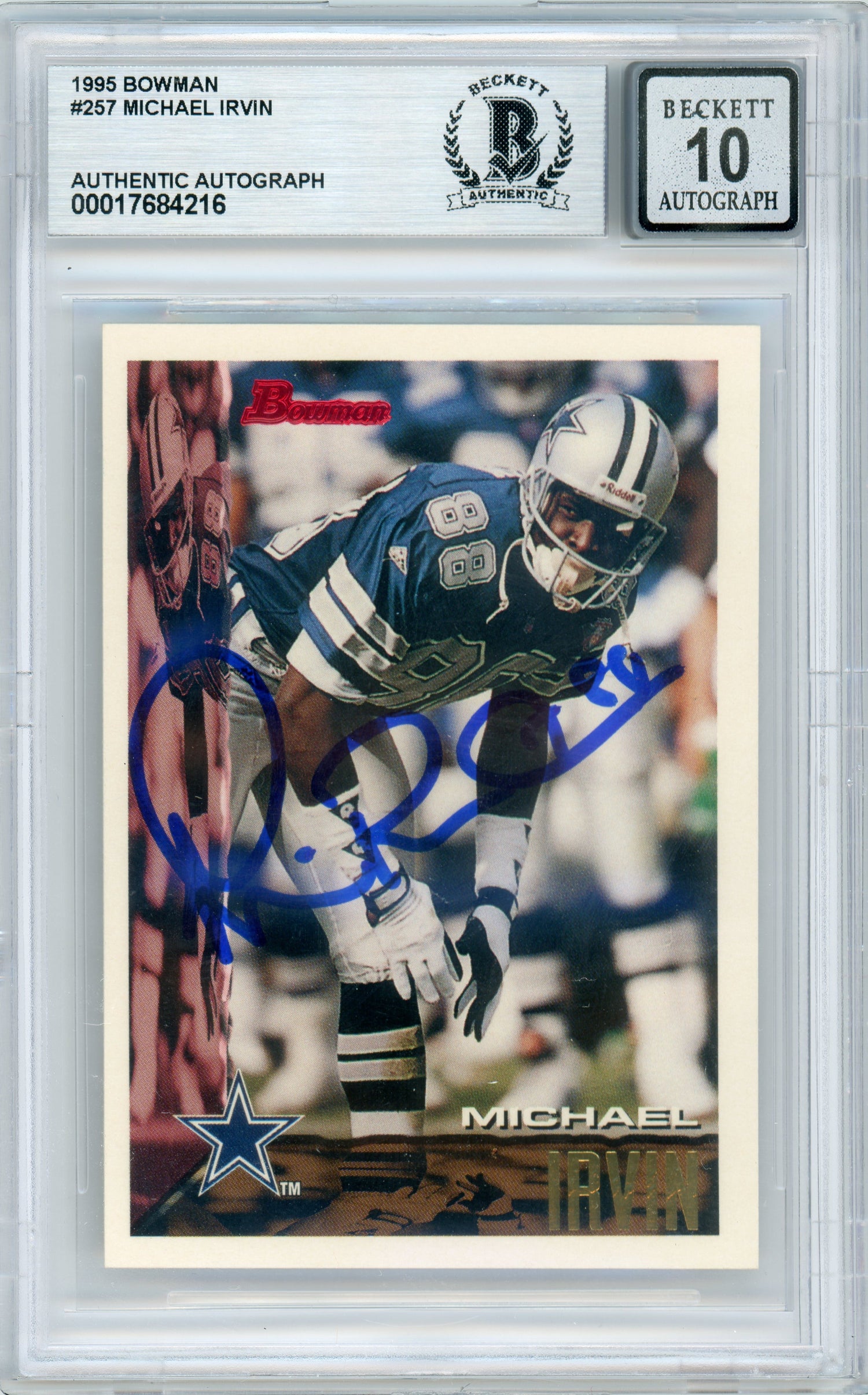 1995 Bowman #257 Michael Irvin Dallas Cowboys BGS Autograph 10
