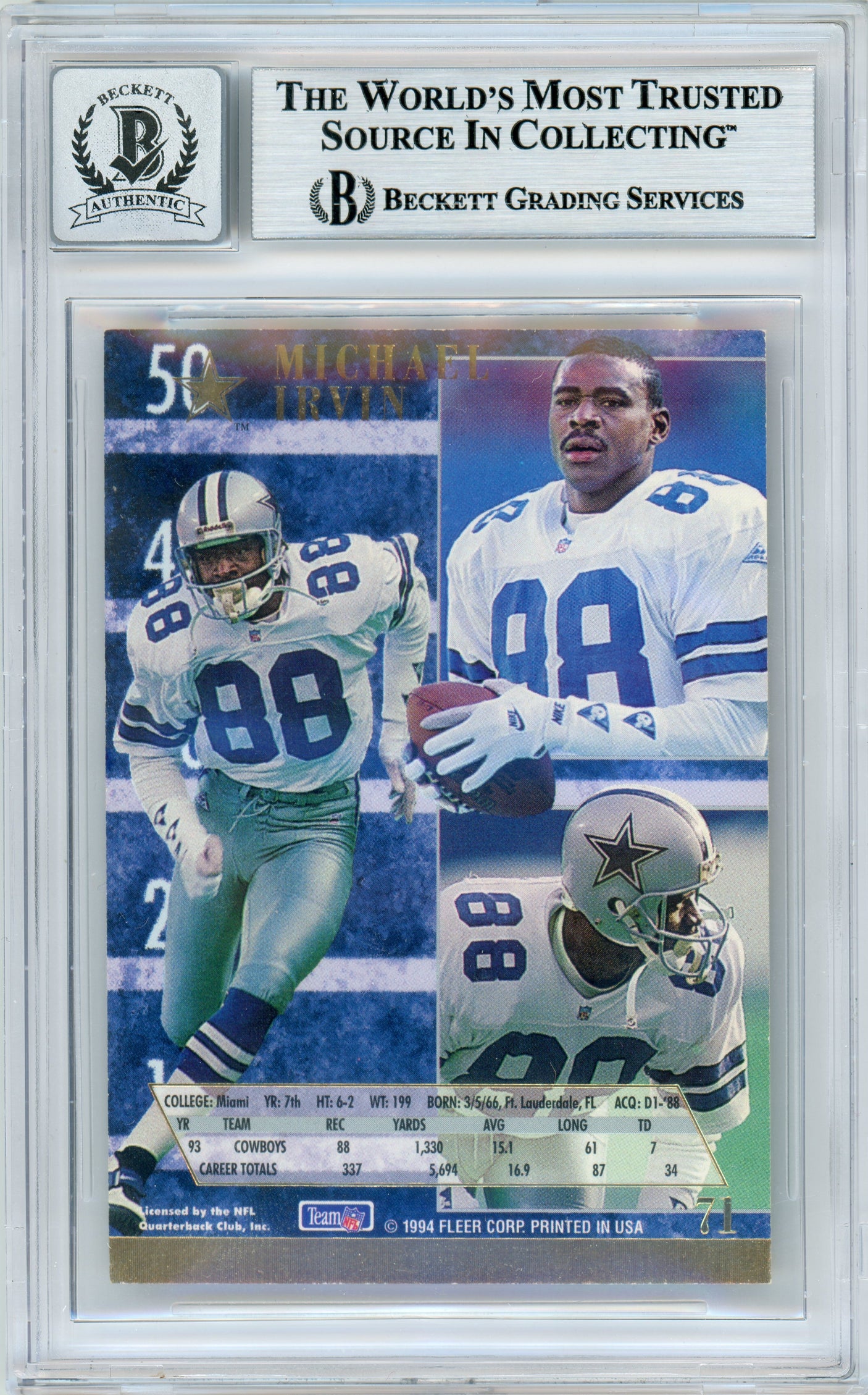 1994 Fleer Ultra #71 Michael Irvin Dallas Cowboys BGS Autograph 10