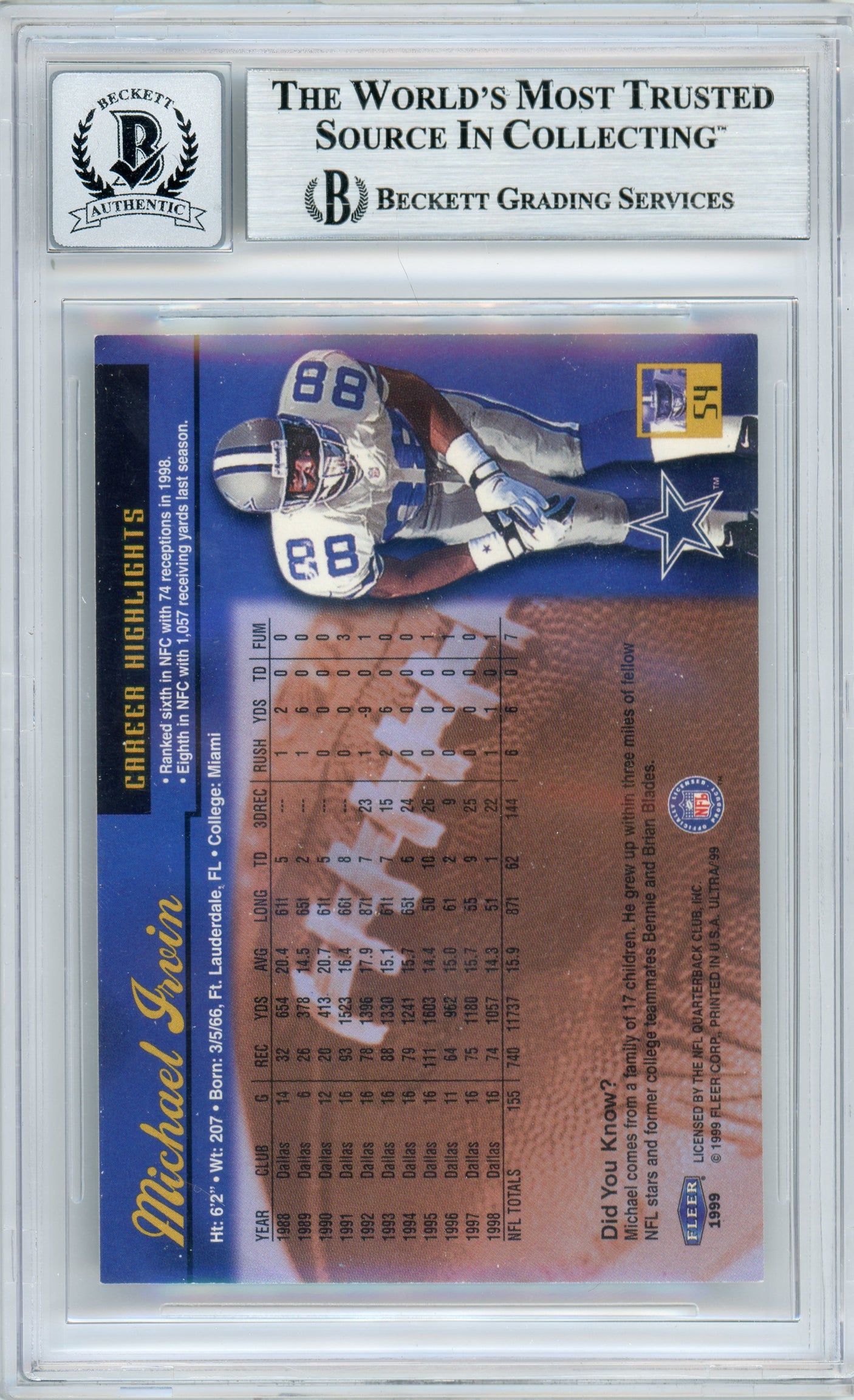 1994 Fleer Ultra #54 Michael Irvin Dallas Cowboys BGS Autograph 10