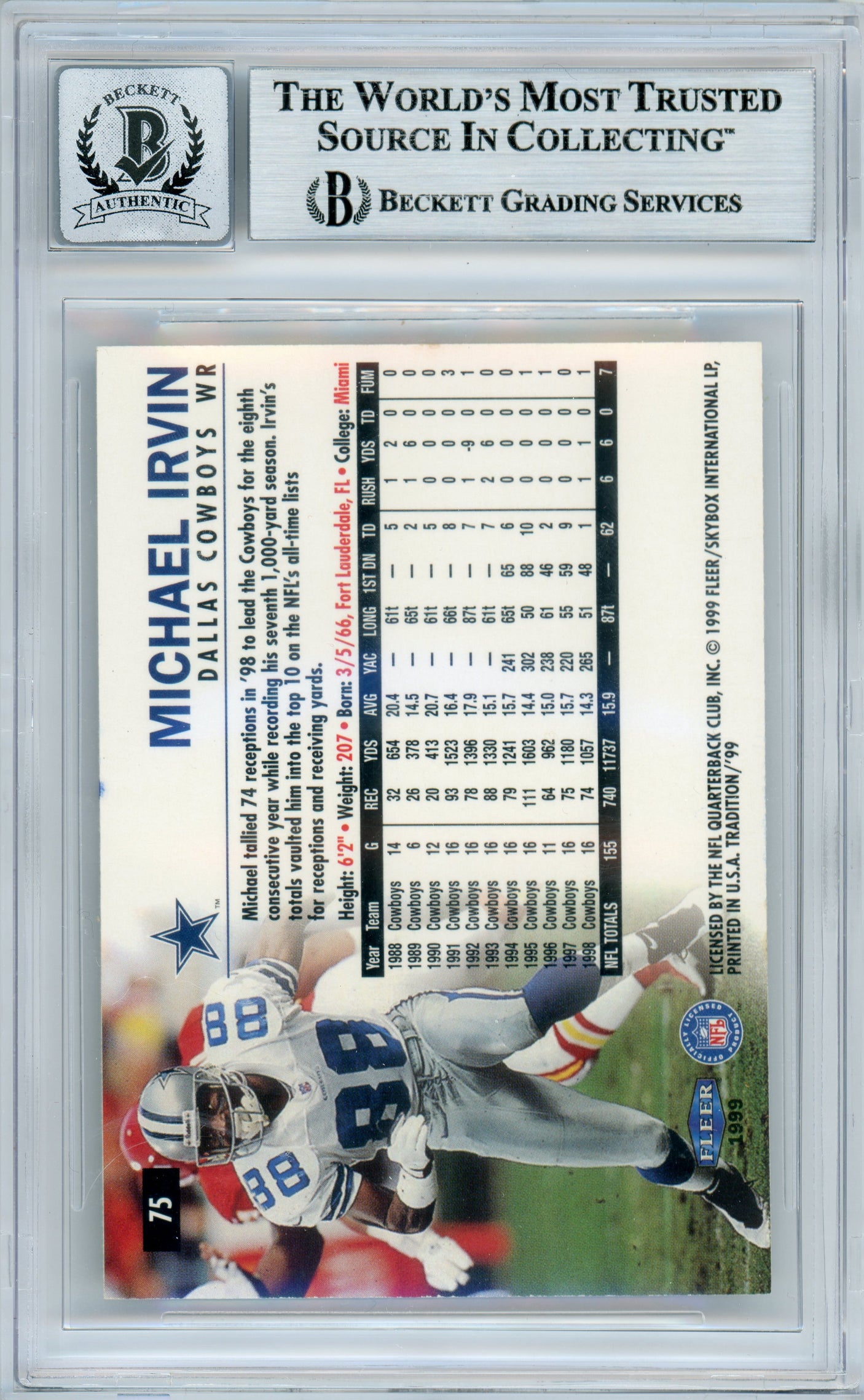 1999 Fleer Tradition #75 Michael Irvin Dallas Cowboys BGS Autograph 10