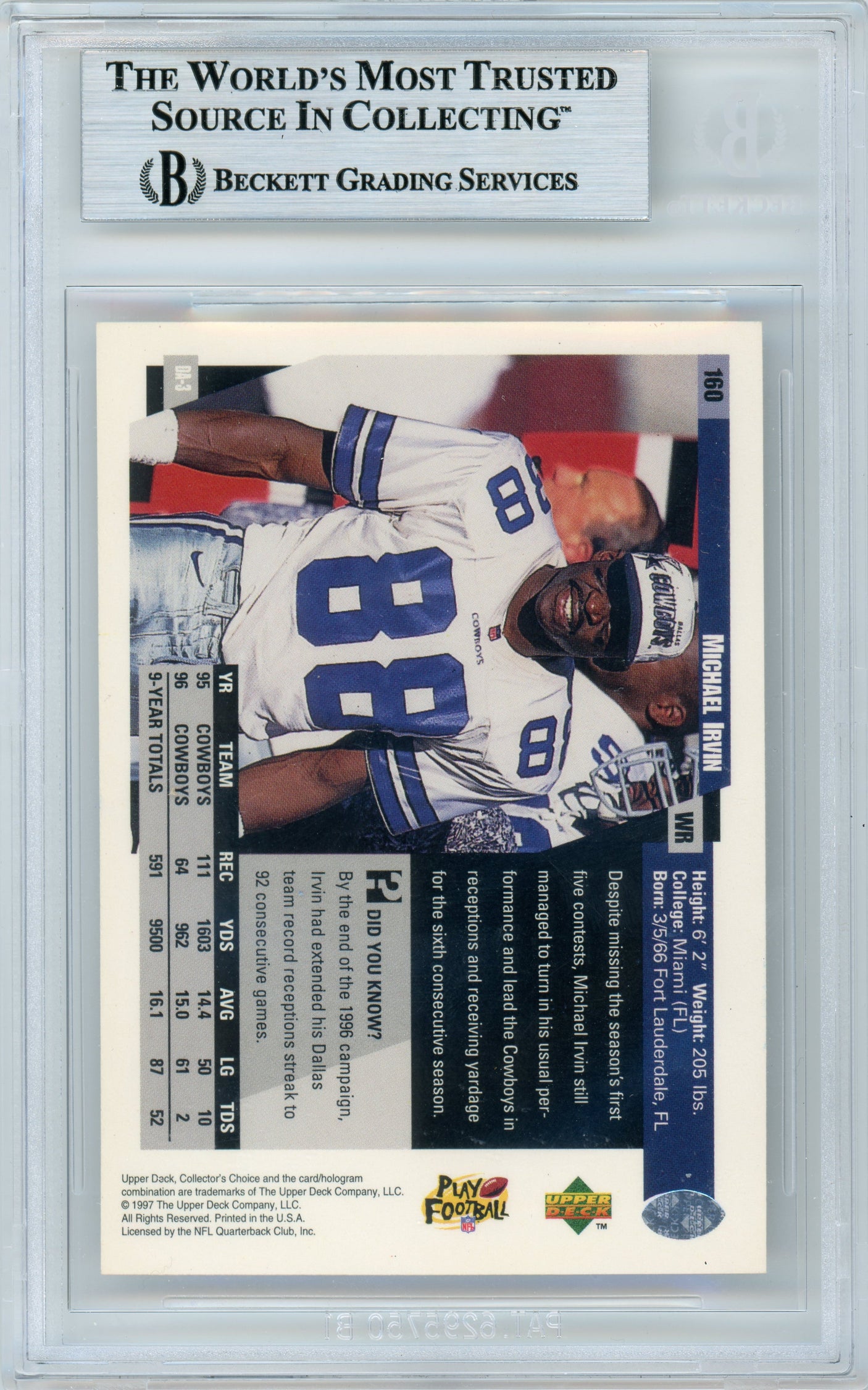 1997 Collector's Choice #160 Michael Irvin Dallas Cowboys BGS Autograph 10
