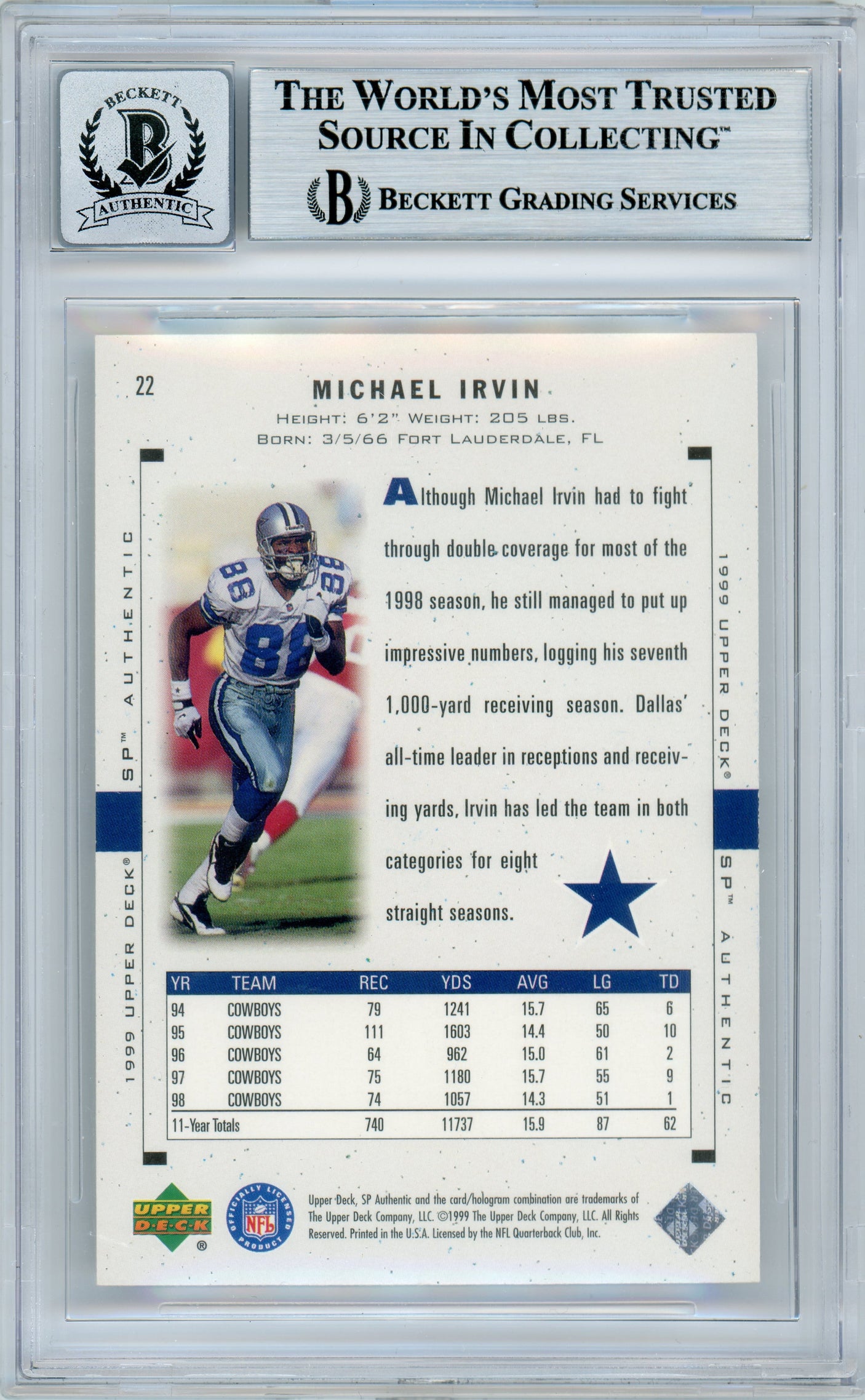 1999 SP Authentic #22 Michael Irvin Dallas Cowboys BGS Autograph 10