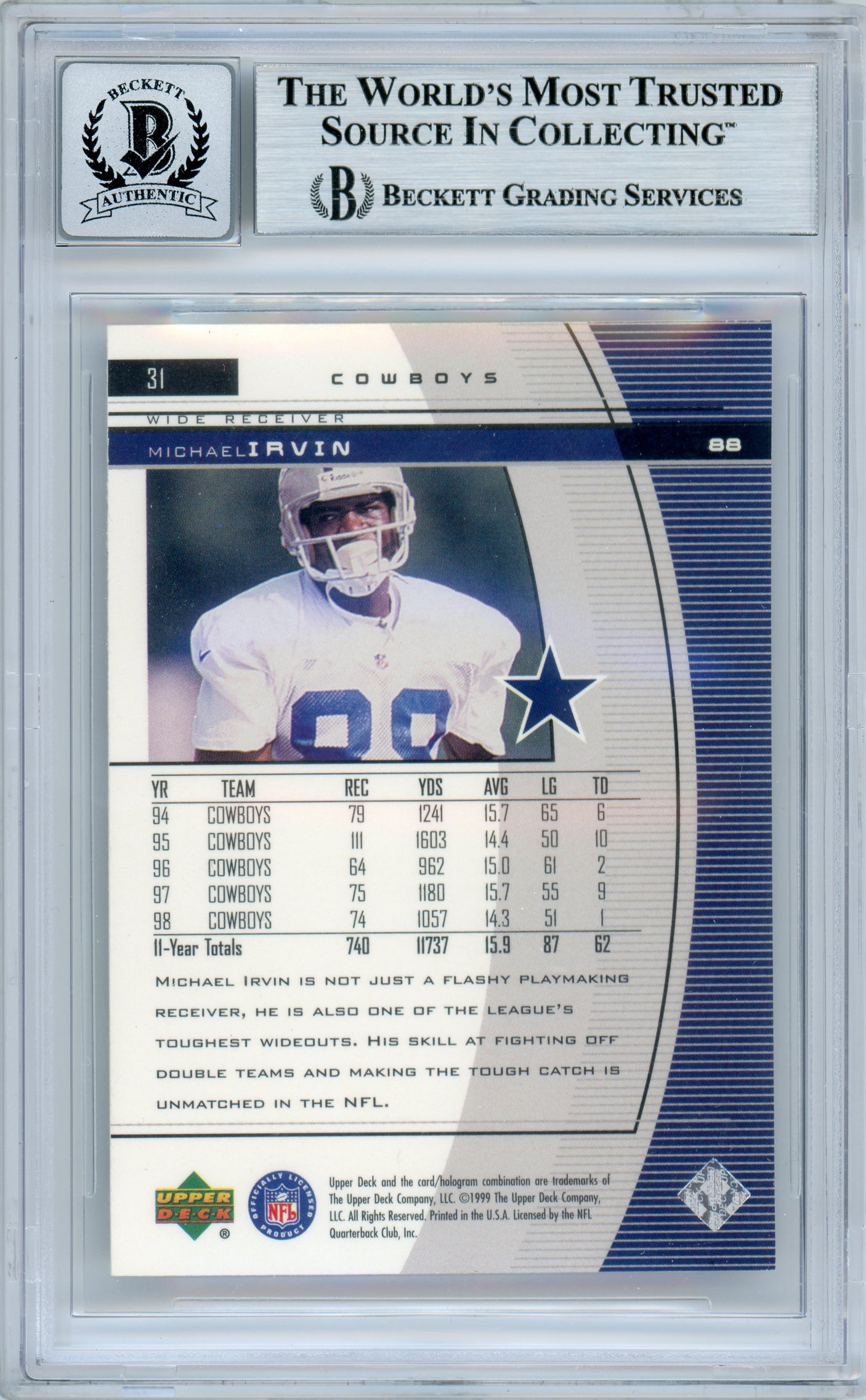 1999 Black Diamond #31 Michael Irvin Dallas Cowboys BGS Autograph 10