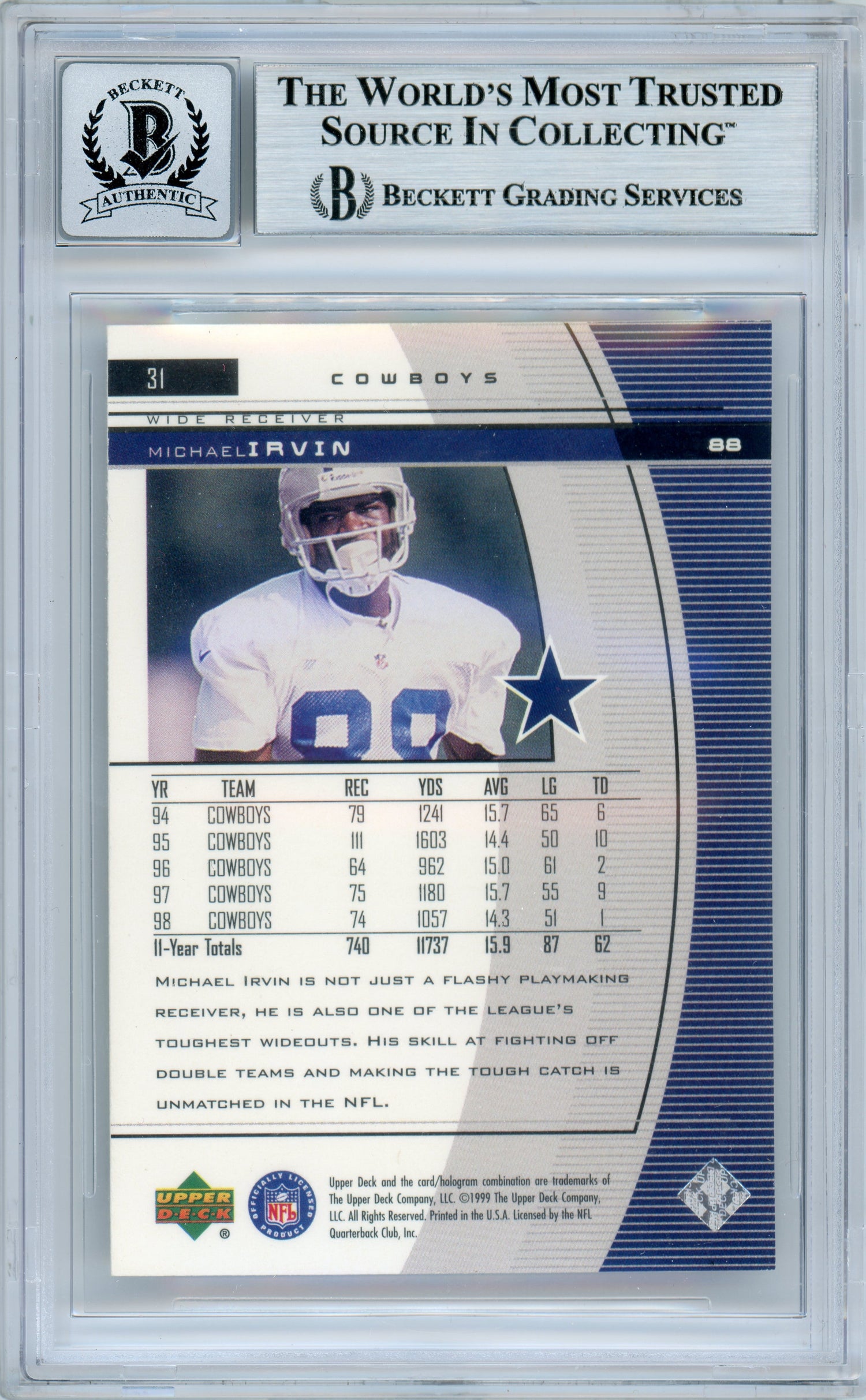1999 Black Diamond #31 Michael Irvin Dallas Cowboys BGS Autograph 10