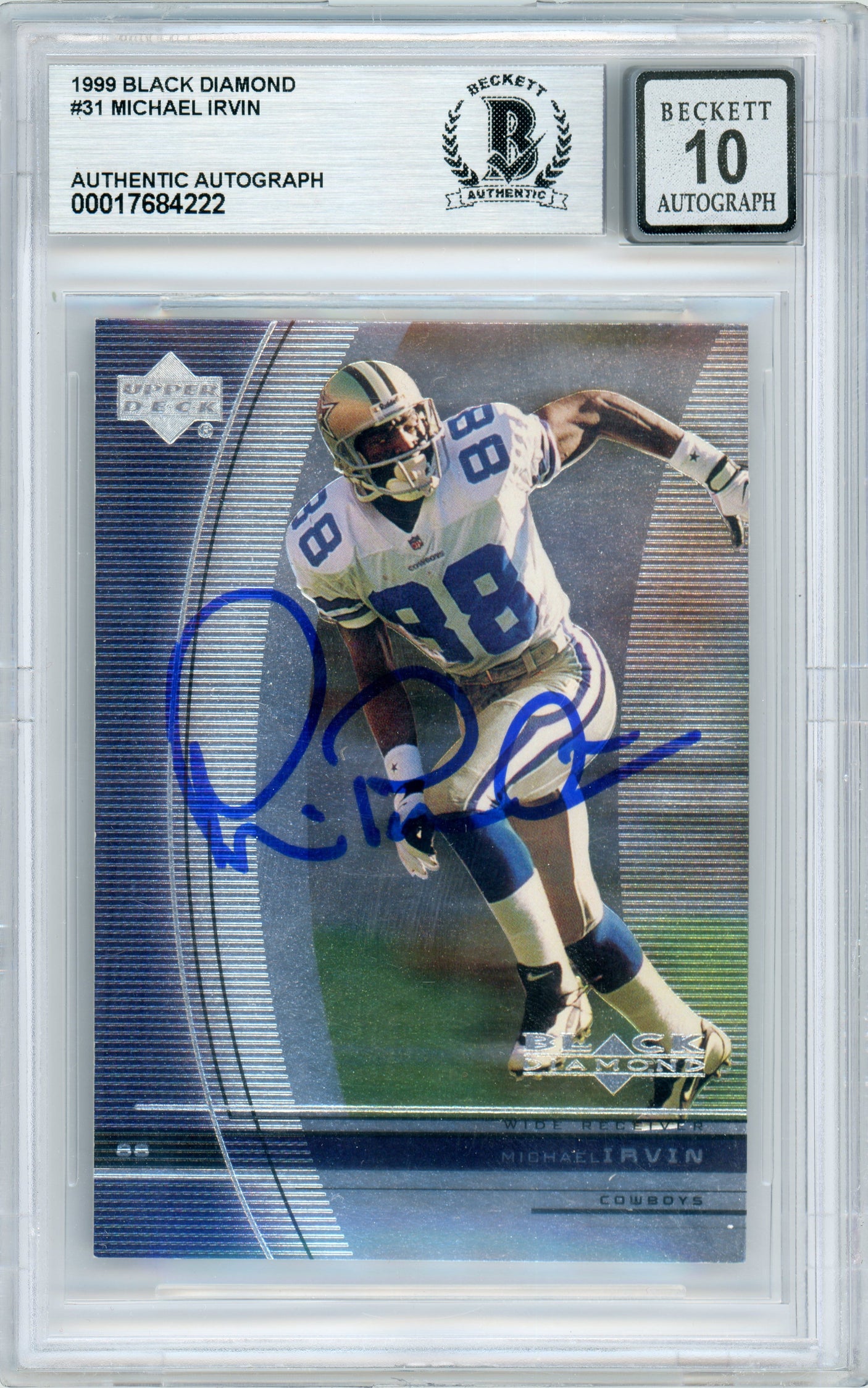 1999 Black Diamond #31 Michael Irvin Dallas Cowboys BGS Autograph 10