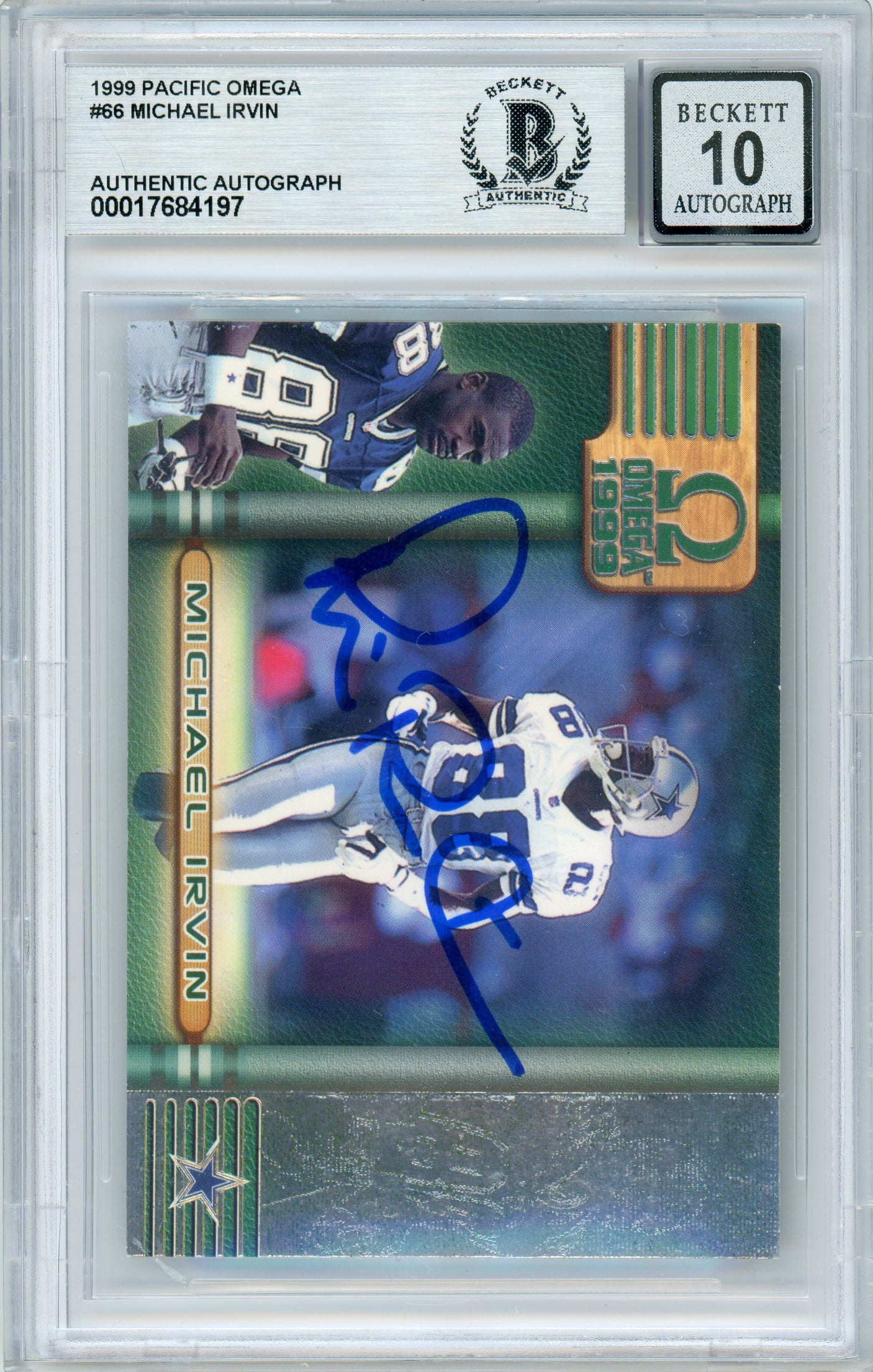 1999 Pacific Omega #66 Michael Irvin Dallas Cowboys BGS Autograph 10