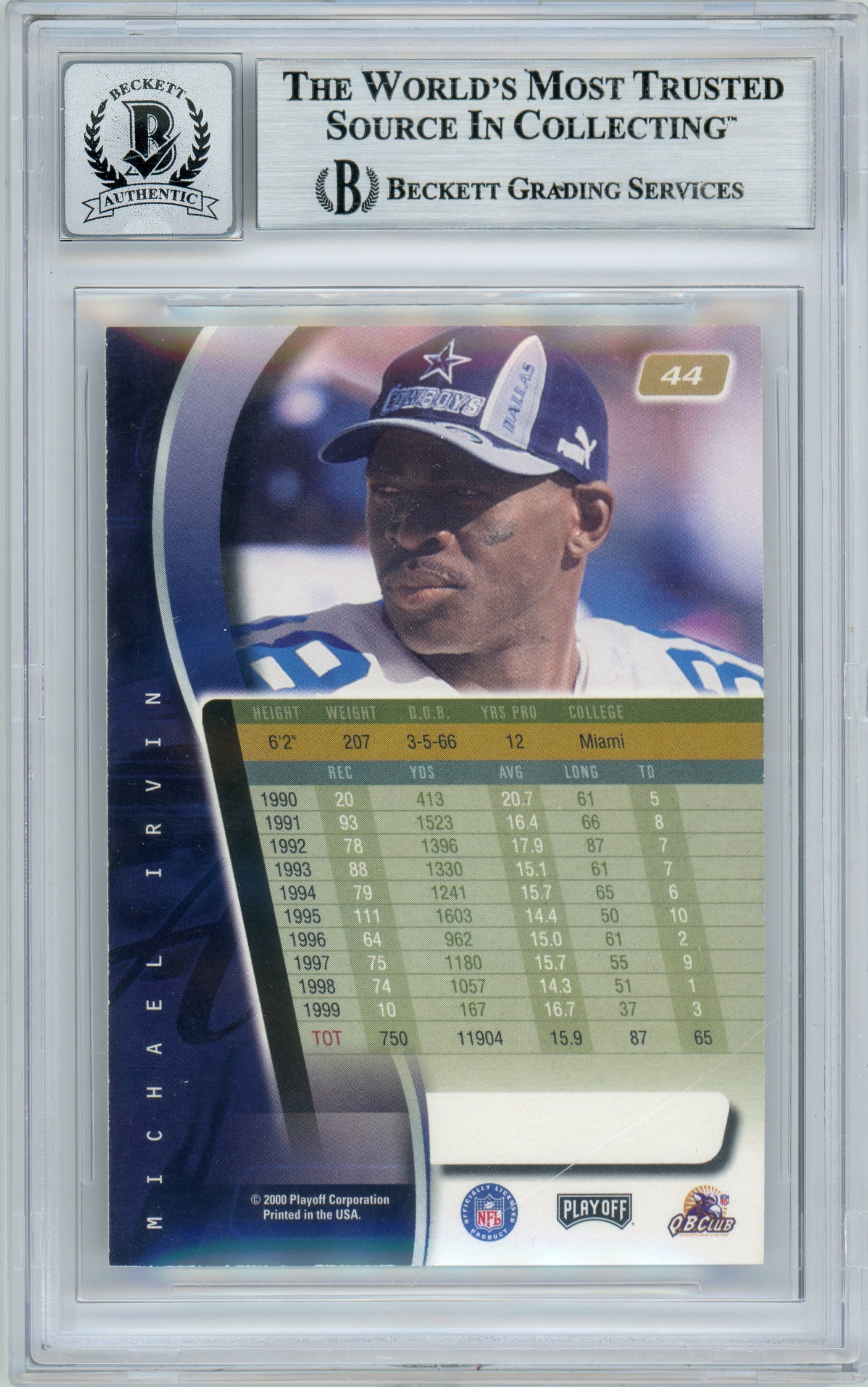 2000 Playoff Absolute #44 Michael Irvin Dallas Cowboys BGS Autograph 10