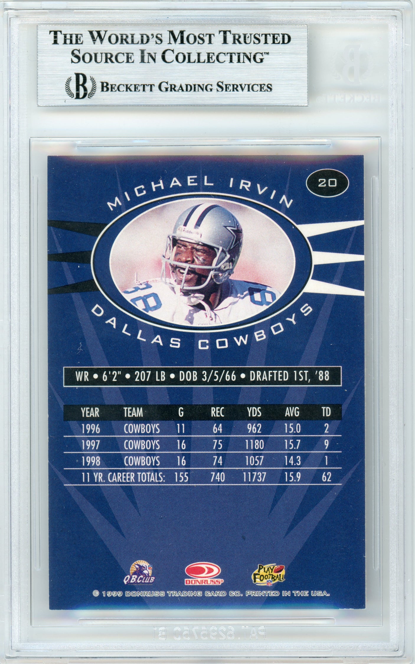 1999 Donruss Preferred QBC #20 Michael Irvin Dallas Cowboys BGS Autograph