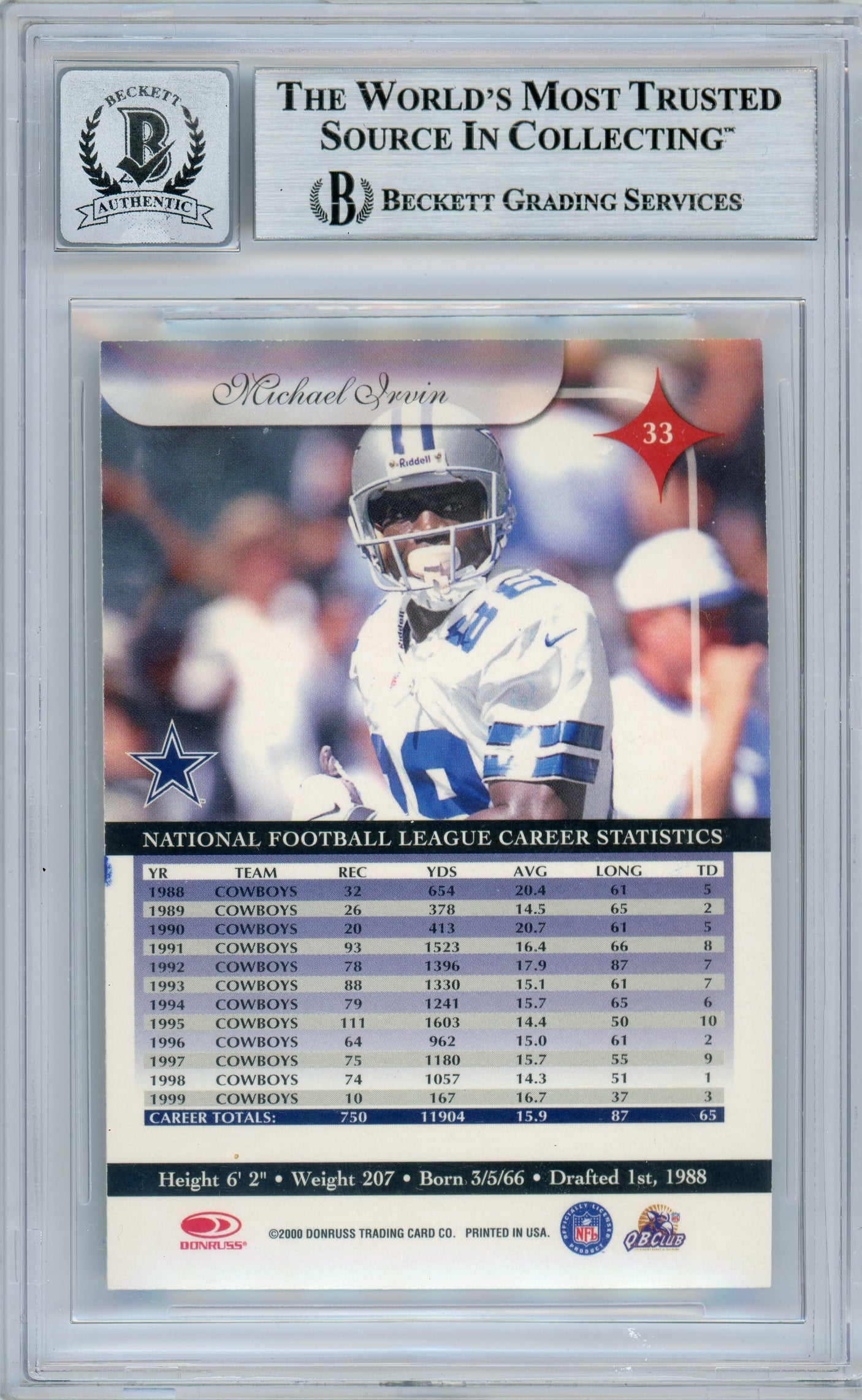 2000 Donruss Elite #33 Michael Irvin Dallas Cowboys BGS Autograph 10