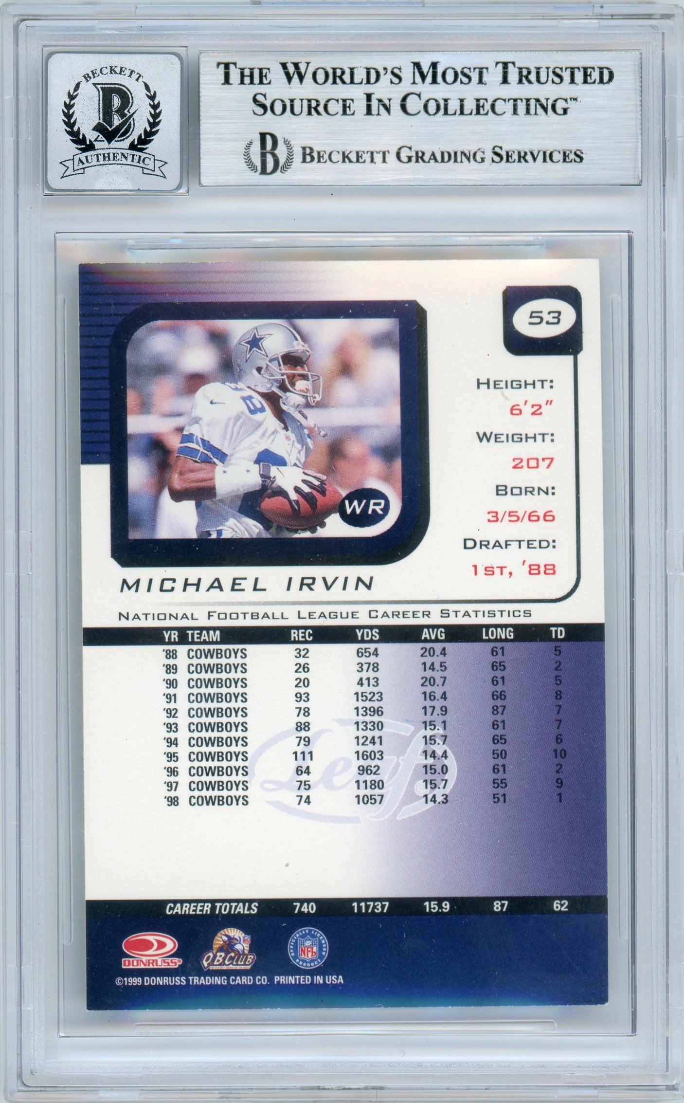 1999 Leaf Rookies & Stars #53 Michael Irvin Dallas Cowboys BGS Autograph 10
