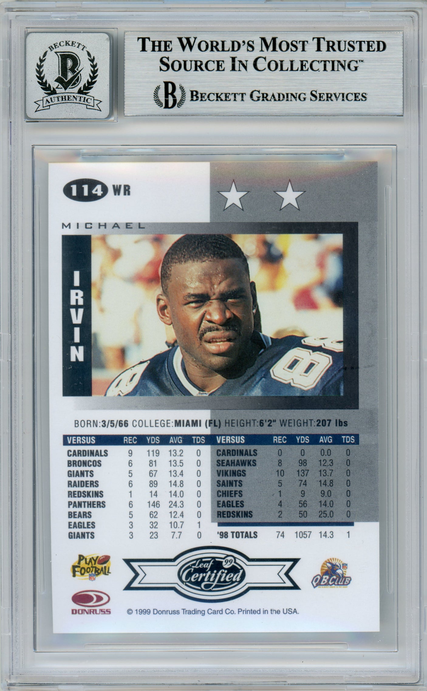 1999 Leaf Certified #114 Michael Irvin Dallas Cowboys BGS Autograph 10