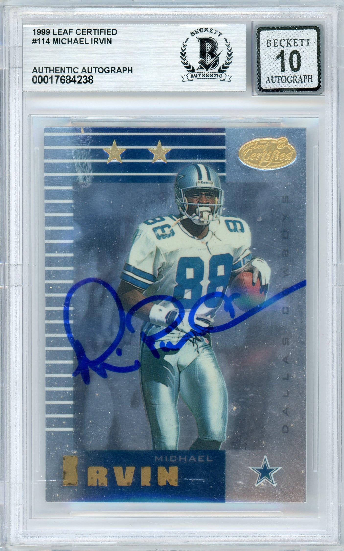 1999 Leaf Certified #114 Michael Irvin Dallas Cowboys BGS Autograph 10