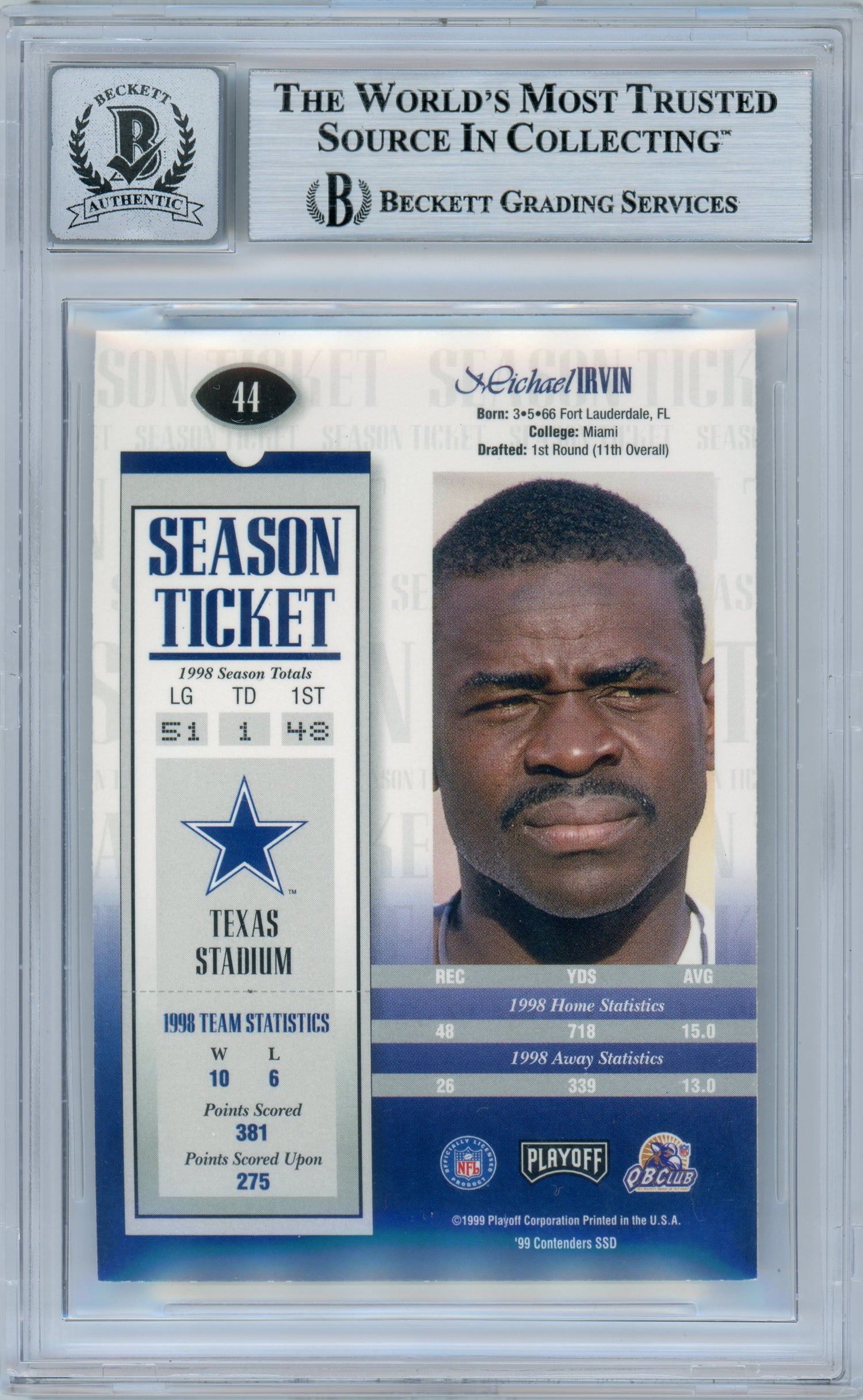 1999 Playoff Contenders SSD #44 Michael Irvin Dallas Cowboys BGS Autograph 10