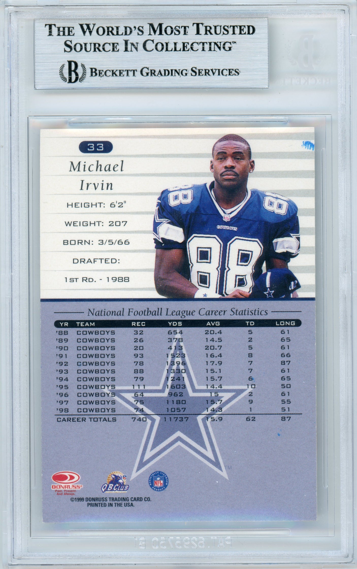 1999 Donruss #33 Michael Irvin Dallas Cowboys BGS Autograph