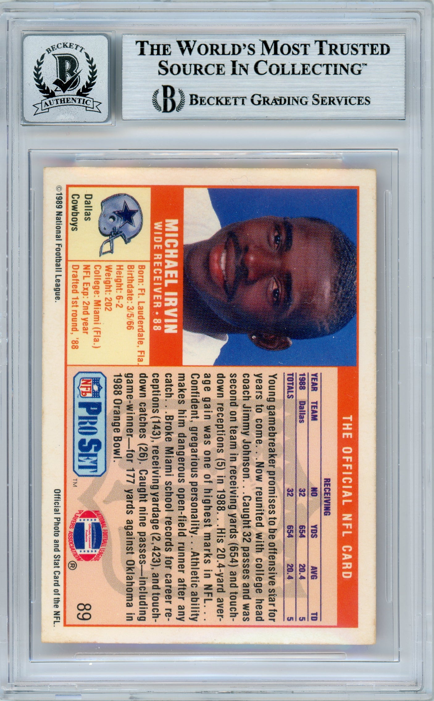 1989 Pro Set #89 Michael Irvin Dallas Cowboys BGS Autograph 10