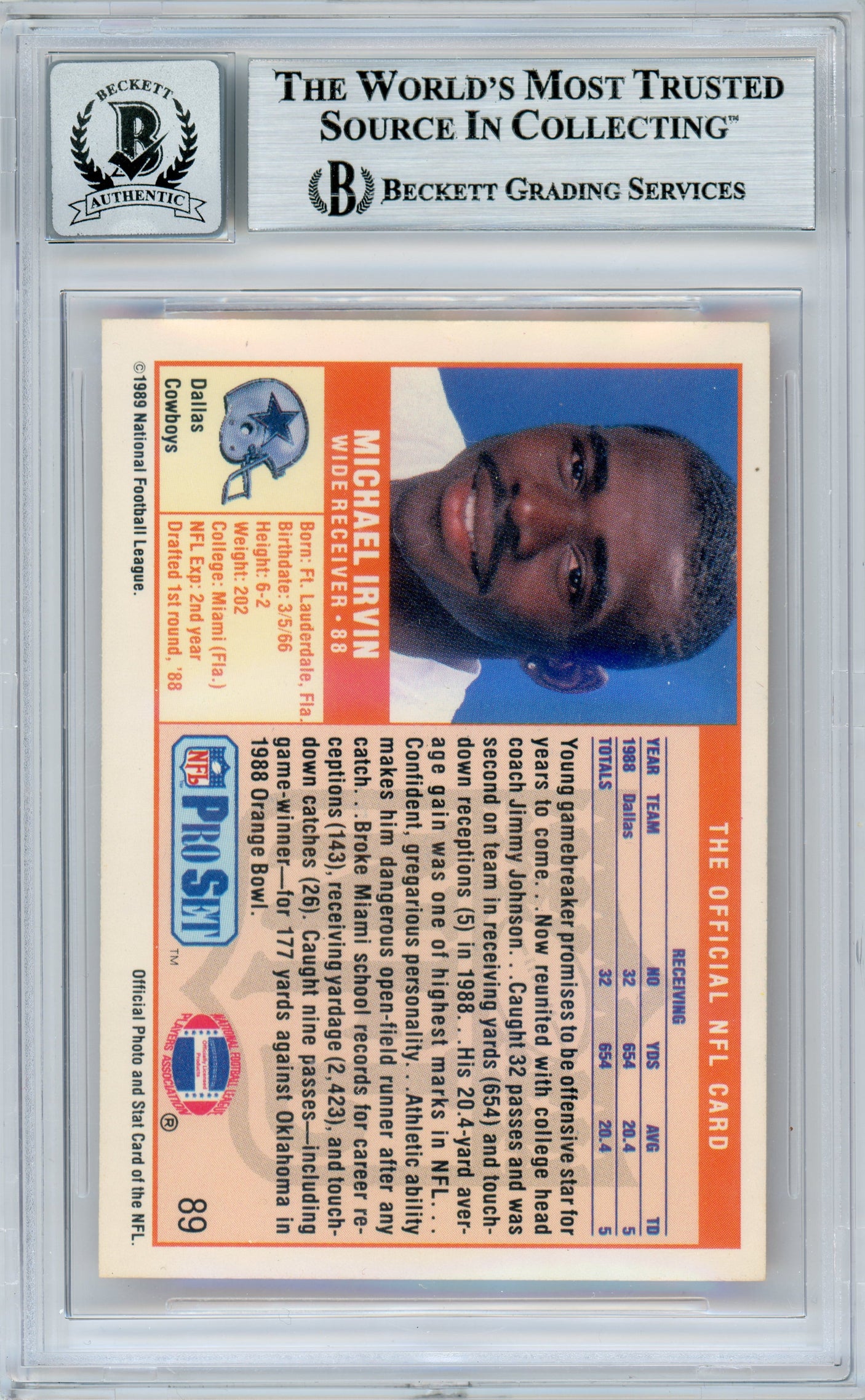 1989 Pro Set #89 Michael Irvin Dallas Cowboys BGS Autograph 10