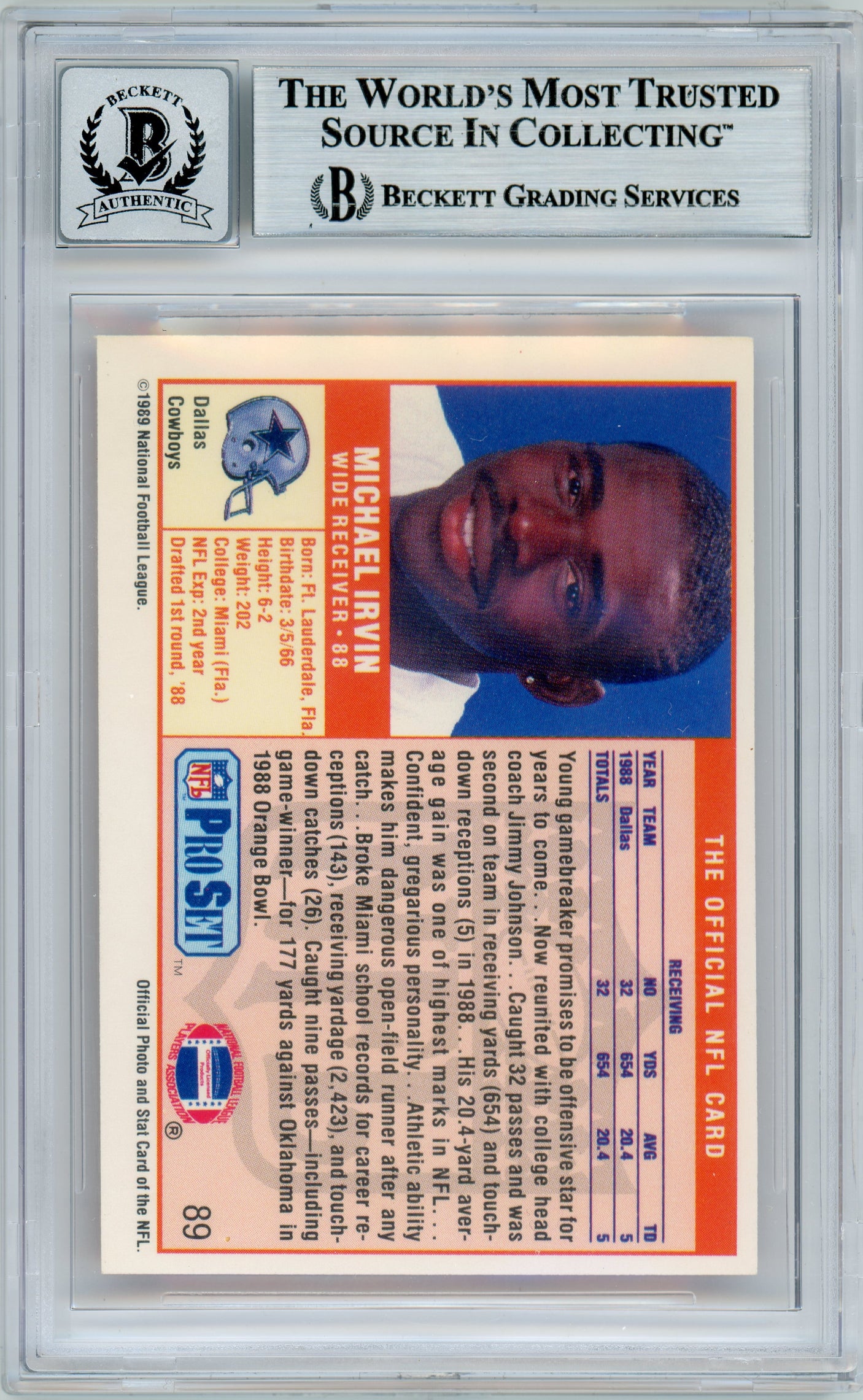 1989 Pro Set #89 Michael Irvin Dallas Cowboys BGS Autograph 10