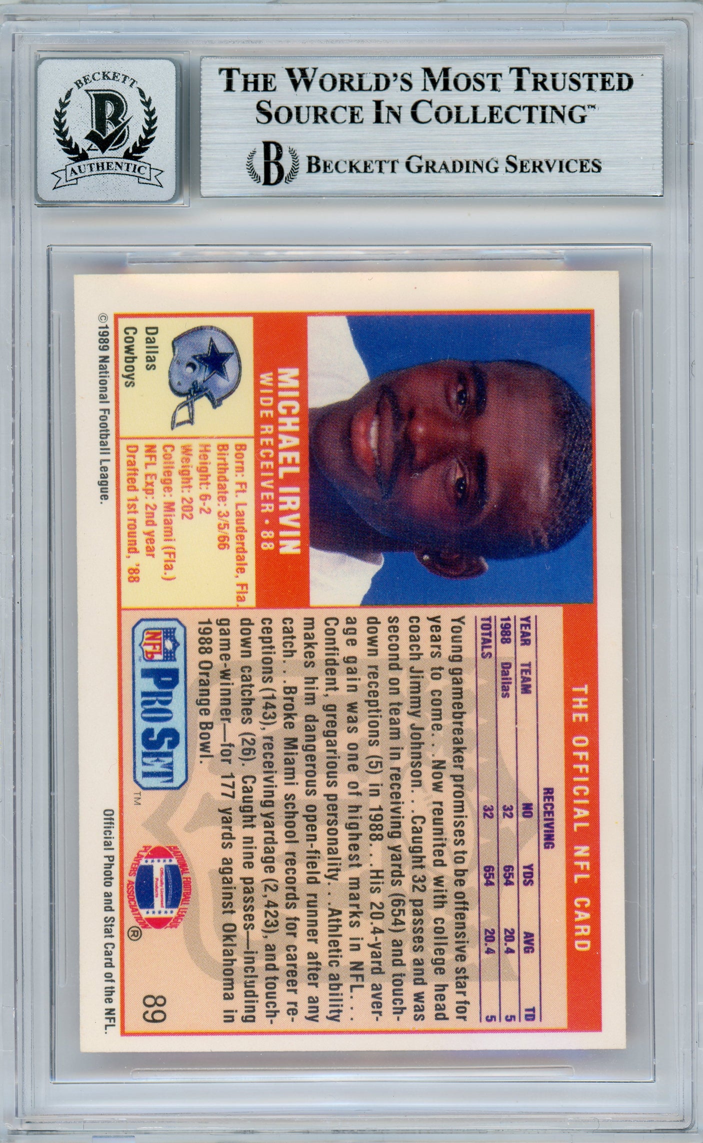 1989 Pro Set #89 Michael Irvin Dallas Cowboys BGS Autograph 10