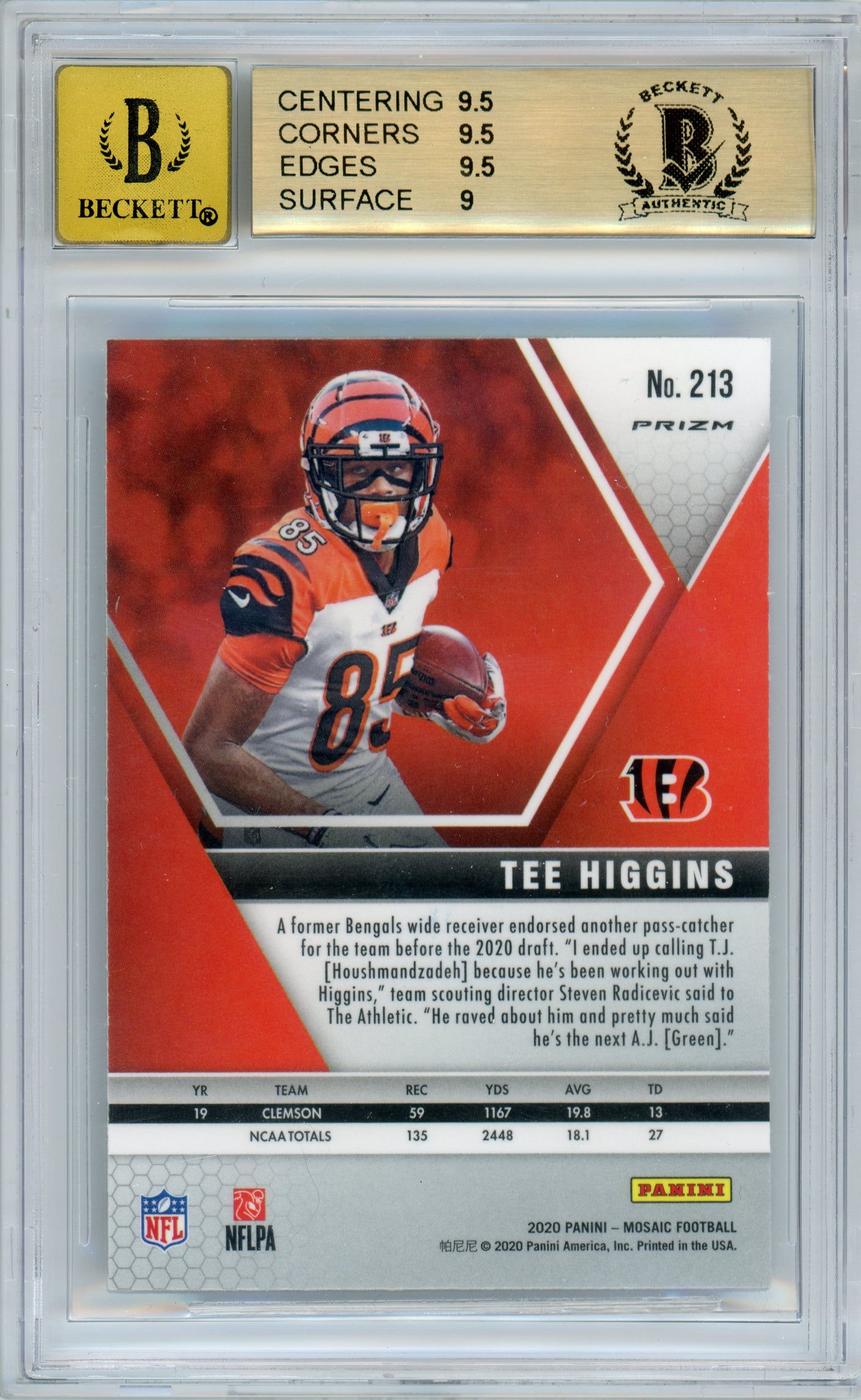 2020 Panini Mosaic No Huddle Silver Prizm #213 Tee Higgins RC Bengals BGS 9.5 Auto 10
