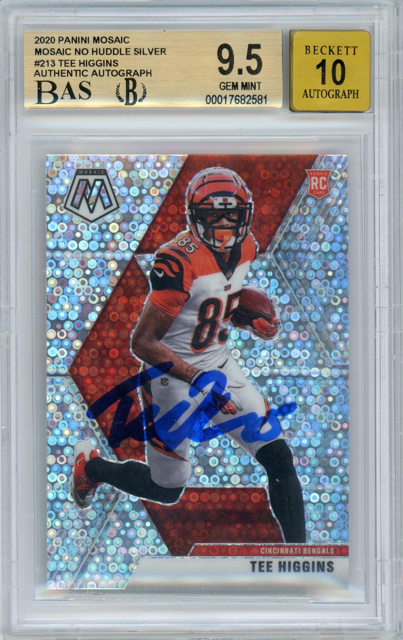 2020 Panini Mosaic No Huddle Silver Prizm #213 Tee Higgins RC Bengals BGS 9.5 Auto 10