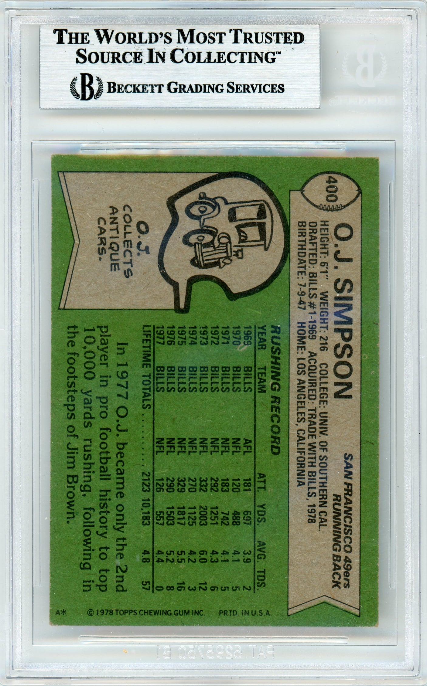 1978 Topps #400 O.J. Simpson San Fransico 49ers BGS Autograph