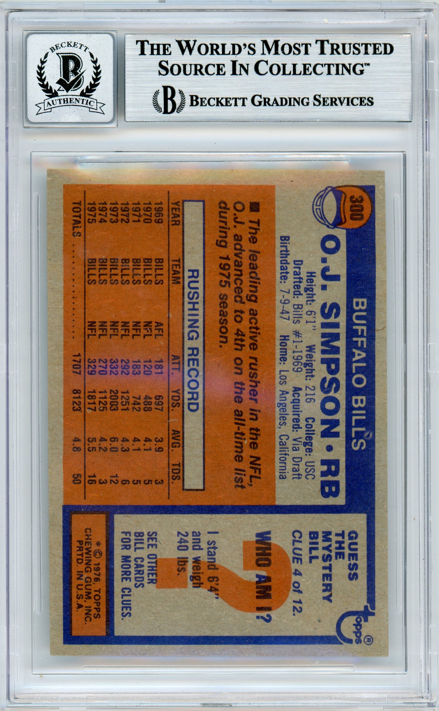 1976 Topps #300 O.J. Simpson Buffalo Bills BGS Autograph 10
