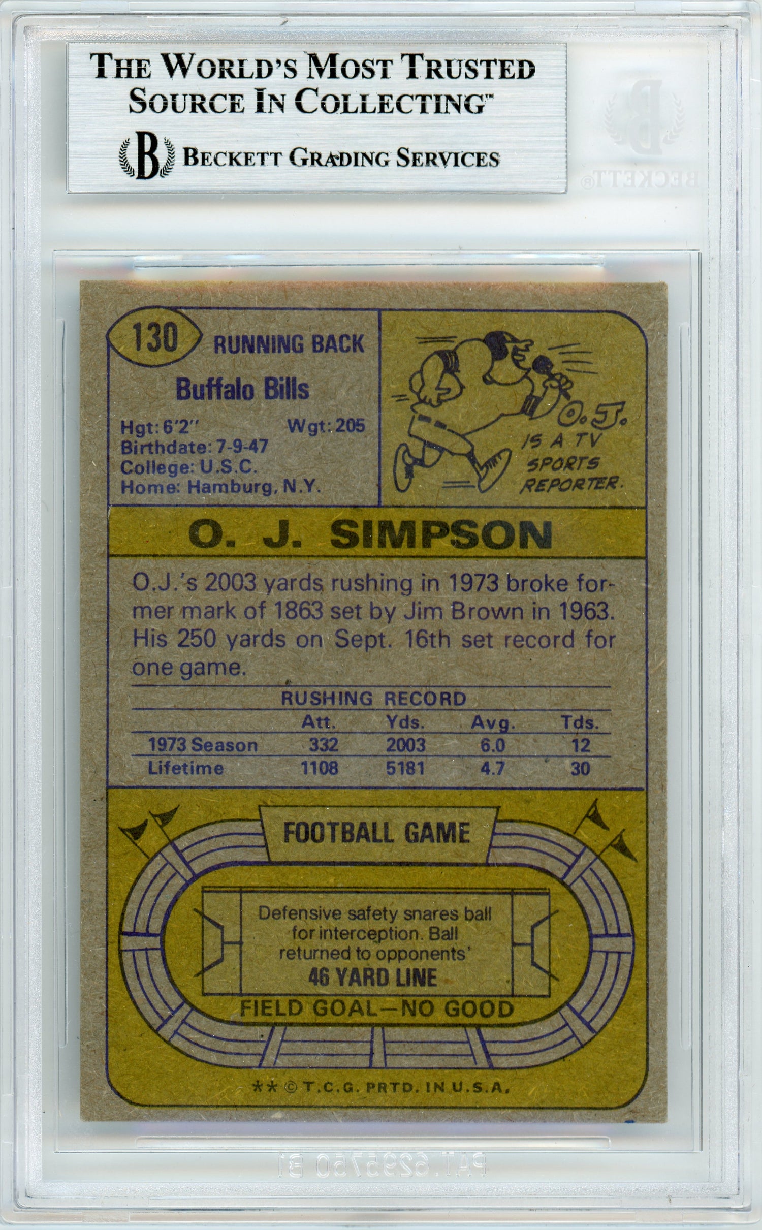 1974 Topps #130 O.J. Simpson Buffalo Bills BGS Autograph