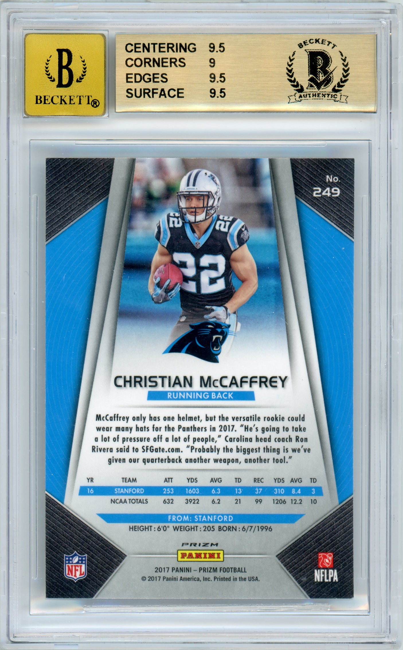 2017 Panini Prizm Silver #249 Christian McCaffrey RC Panthers BGS 9.5 Autograph 10