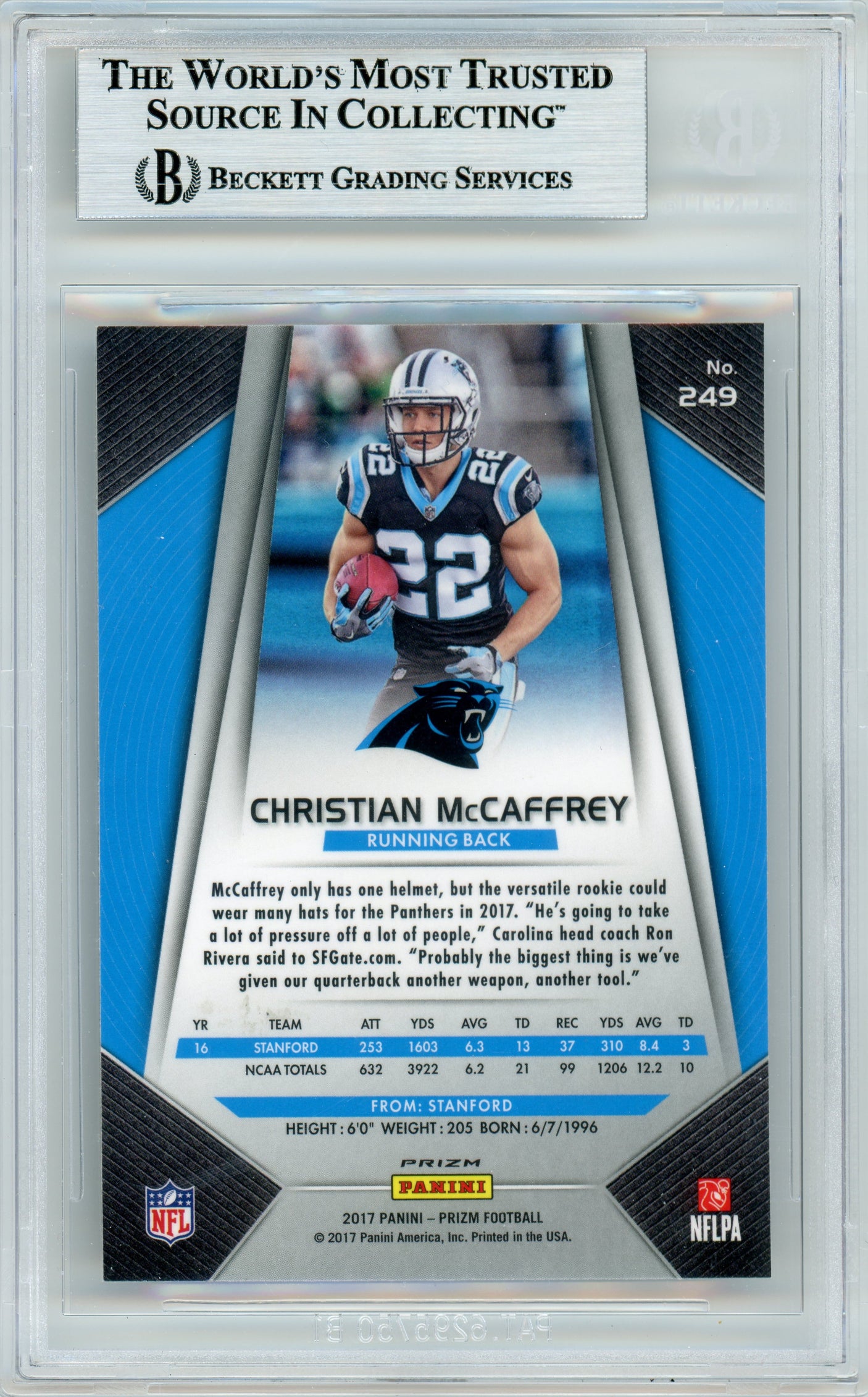 2017 Panini Prizm Silver #249 Christian McCaffrey RC Panthers BGS Autograph