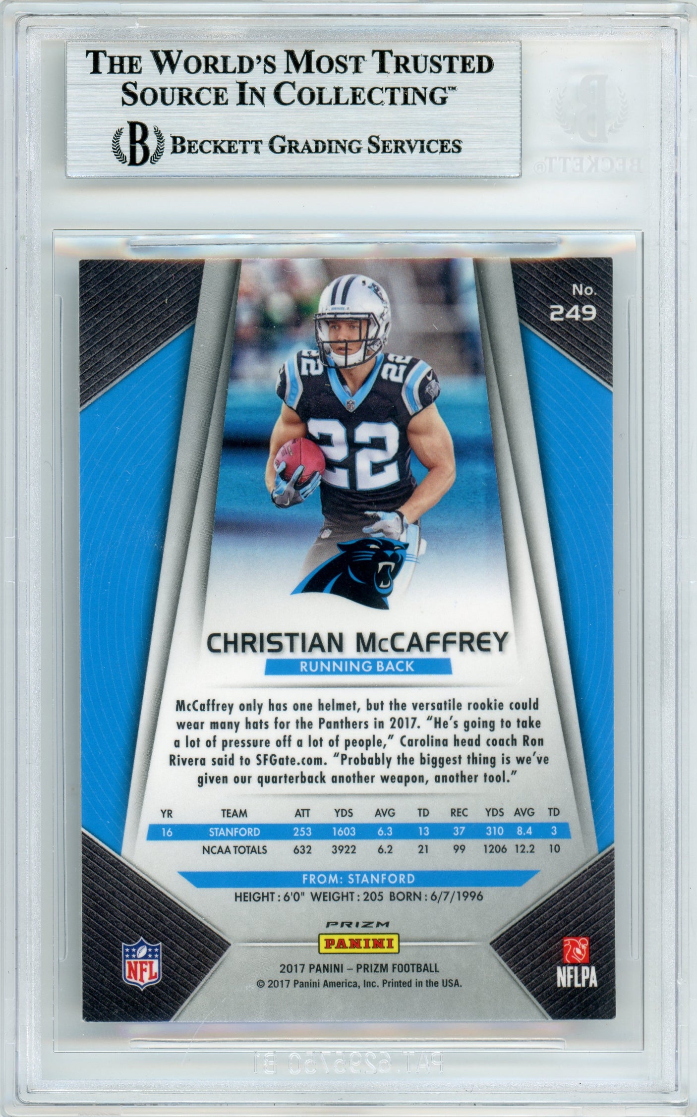 2017 Panini Prizm Silver #249 Christian McCaffrey RC Panthers BGS Autograph