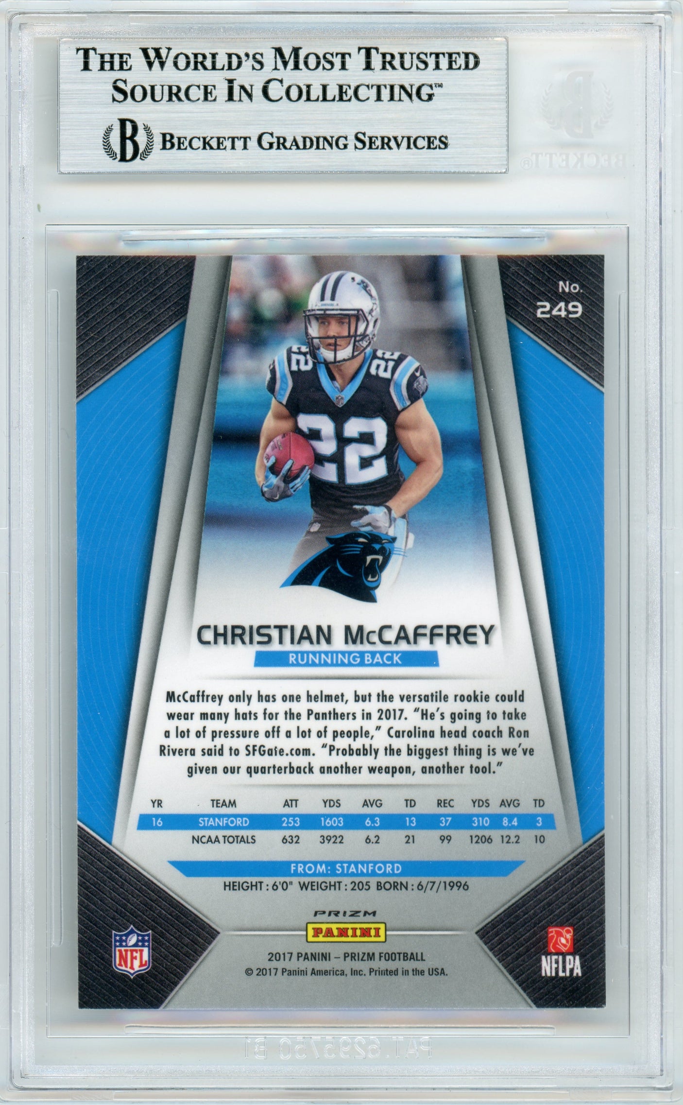 2017 Panini Prizm Silver #249 Christian McCaffrey RC Panthers BGS Autograph