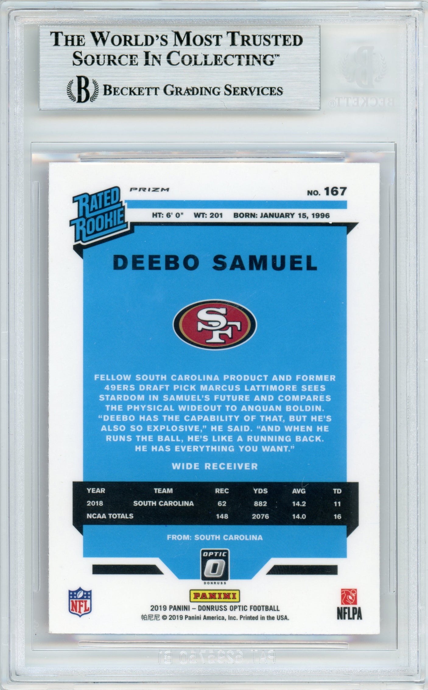 2019 Donruss Optic Pink Holo Rated Rookie #167 Deebo Samuel 49ers BGS Auto