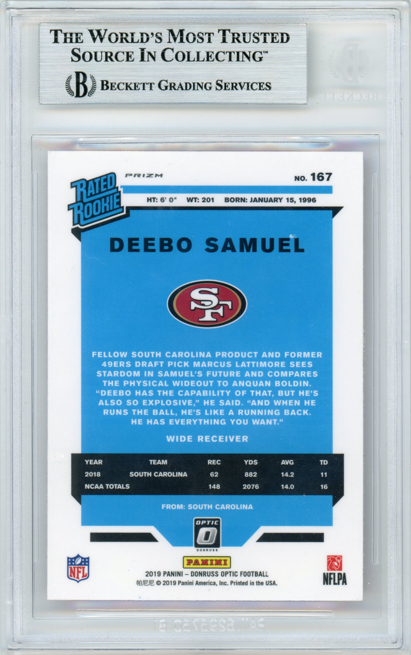 2019 Donruss Optic Pink Holo Rated Rookie #167 Deebo Samuel 49ers BGS Auto