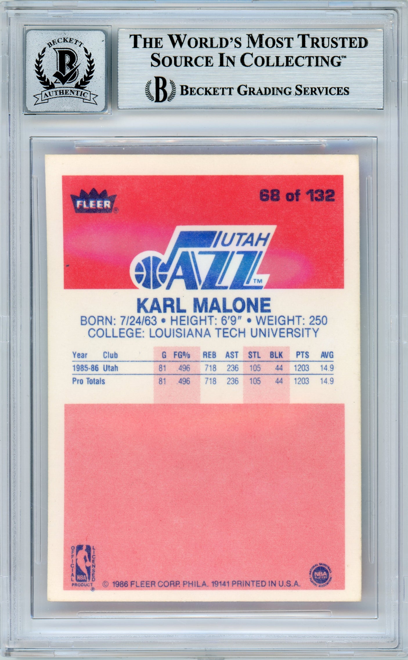 1986-87 Fleer #68 Karl Malone RC w/ "HOF" Insc. Utah Jazz BGS Autograph 10