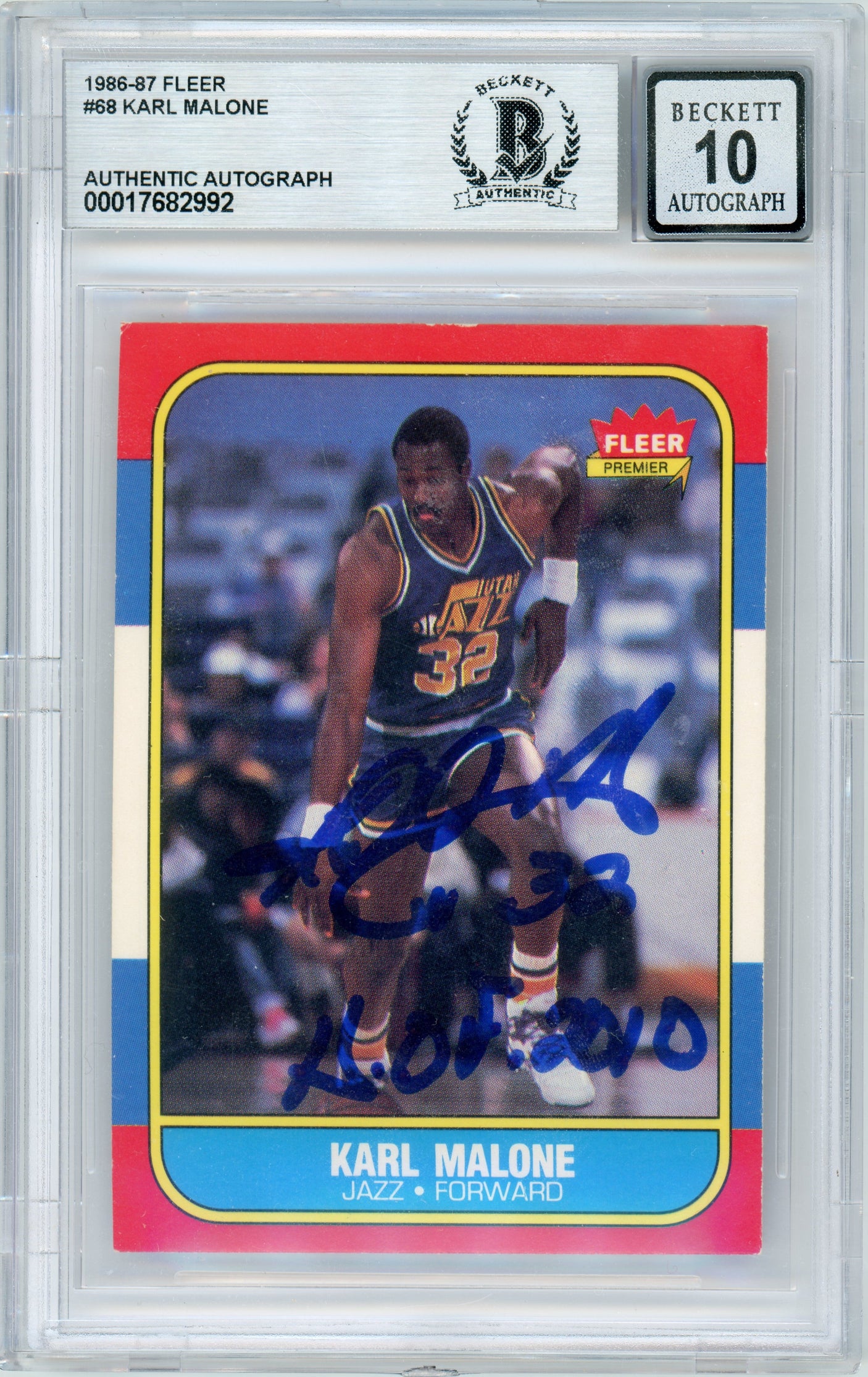 1986-87 Fleer #68 Karl Malone RC w/ "HOF" Insc. Utah Jazz BGS Autograph 10