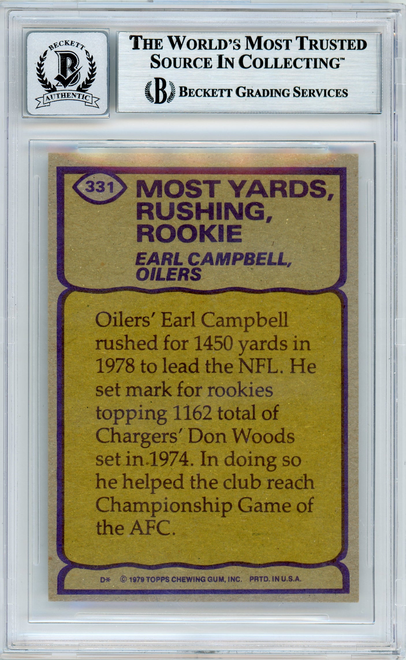 1979 Topps Record Breaker #390 Earl Campbell Houston Oilers BGS Autograph 10
